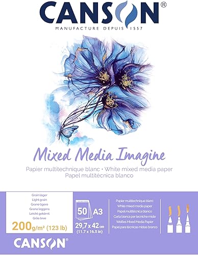 Canson Imagine Mixed Media - Papel de 7.05 ozm, color blanco natural, bloc A3, incluye 50 hojas