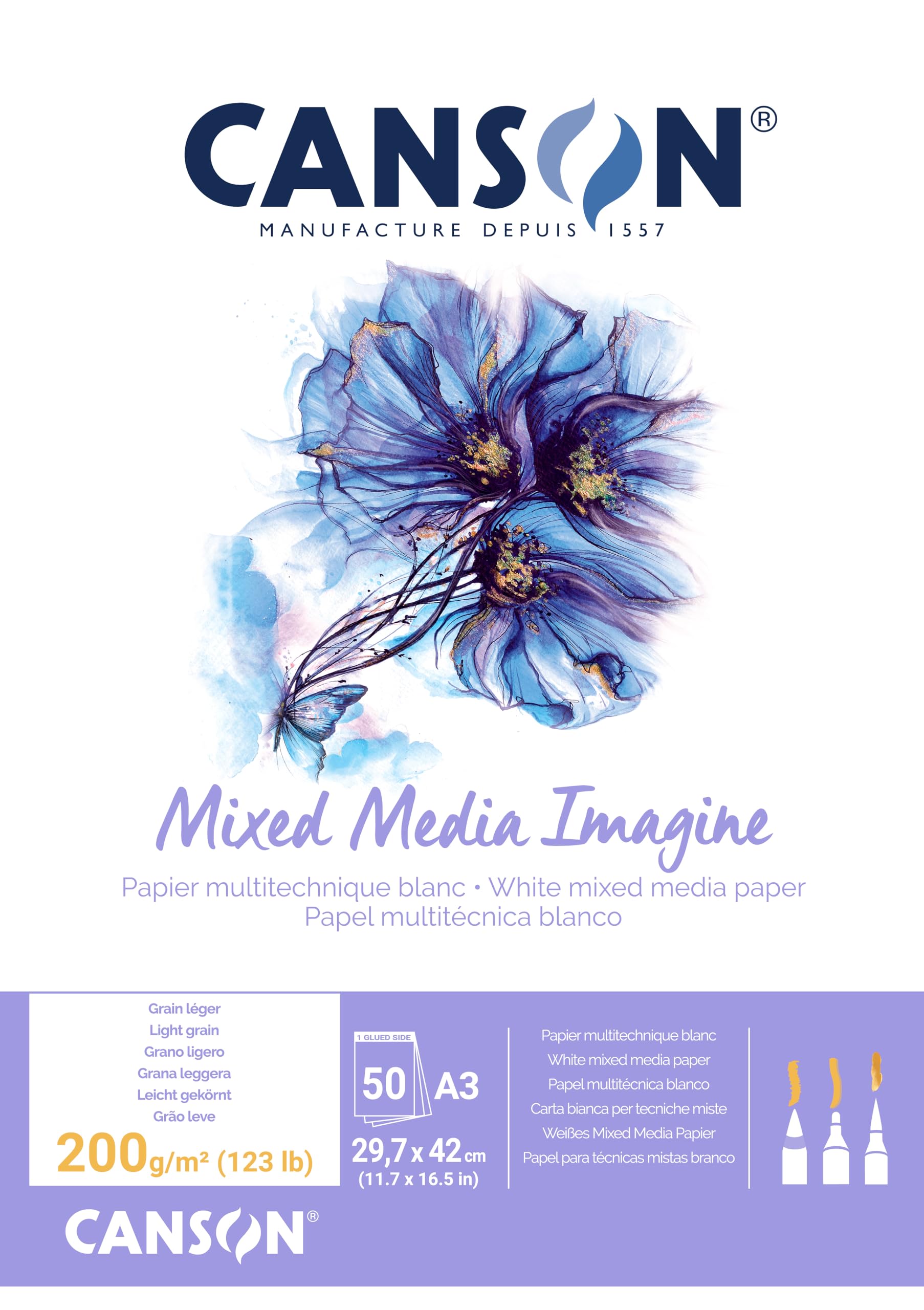 Canson Imagine A3 200g White Mixed Media Paper Pad, Light Grain, Markers, Brushes, Felt Tip-Pens, For Professional Artists & Illustrators