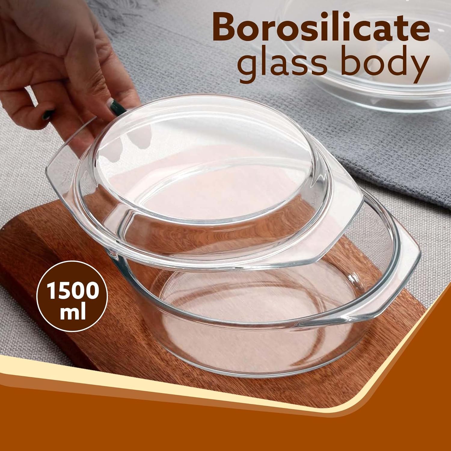 AGARO Elite Glass Casserole with Lid, Borosilicate Glass, Microwave Oven Safe, Round, Transparent, Serving Bowl, 1500ml