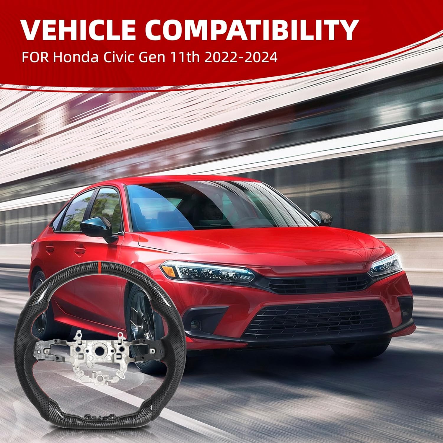 Real Carbon Fiber Steering Wheel for Honda Civic Gen 11th 2022-2025/Accord Gen 11th Nappa Perforated Anti-Slip Perforated Leather Steering Wheel D-Shaped Flat Bottom Red Positioning Line