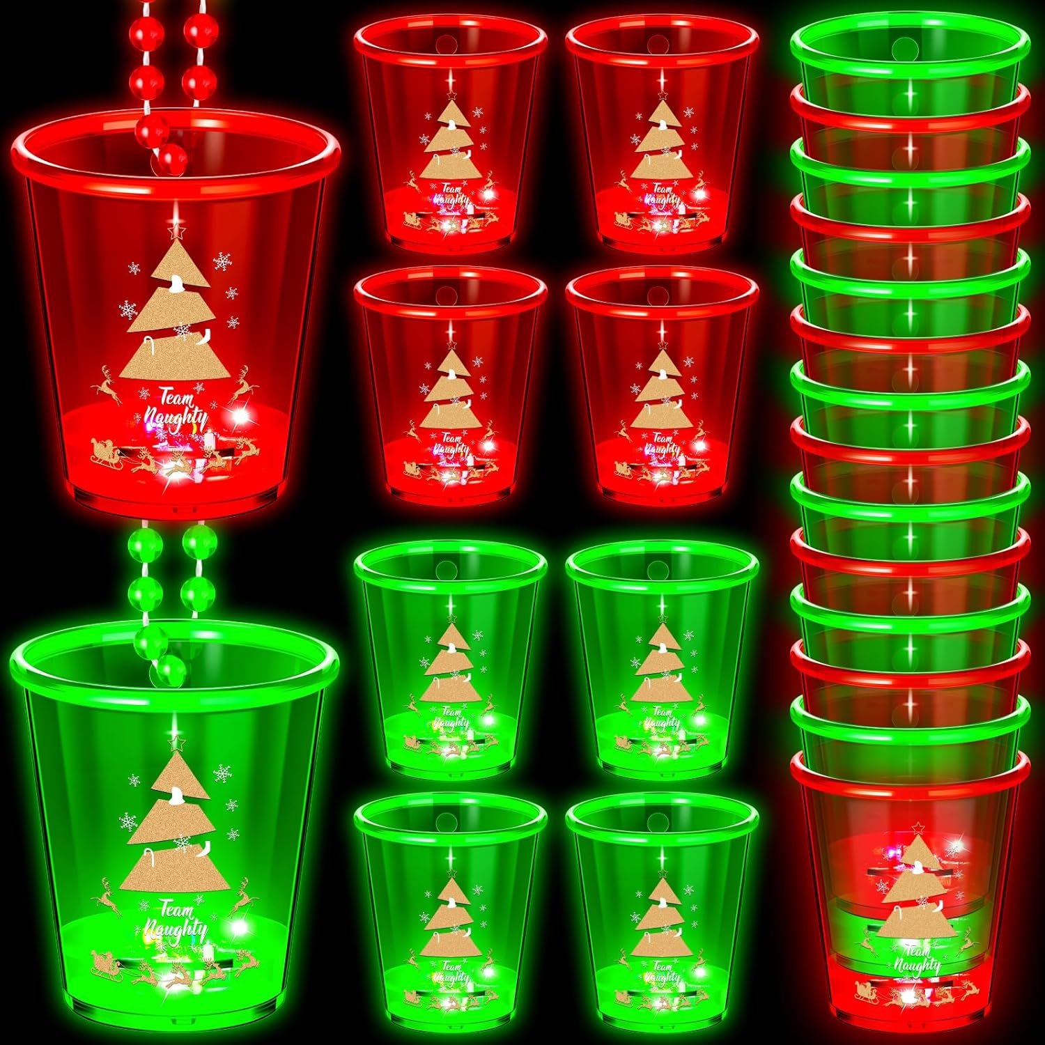 24 Pcs Christmas Light up Shot Glass Glow in The Dark Shot Glasses Bead Necklaces Bulk Neon Red Green Plastic Necklace Cups for Christmas Wedding Glow Party Favors, 2 Styles