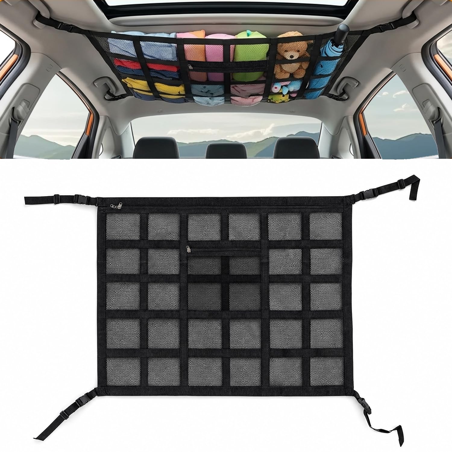 Red de equipaje de coche para almacenamiento, red universal para techo de coche, bolsa de malla con cremallera, 90 x 65 cm, para cuatro respaldos de techo, SUV, Jeeps, furgonetas y la mayoría de tipos