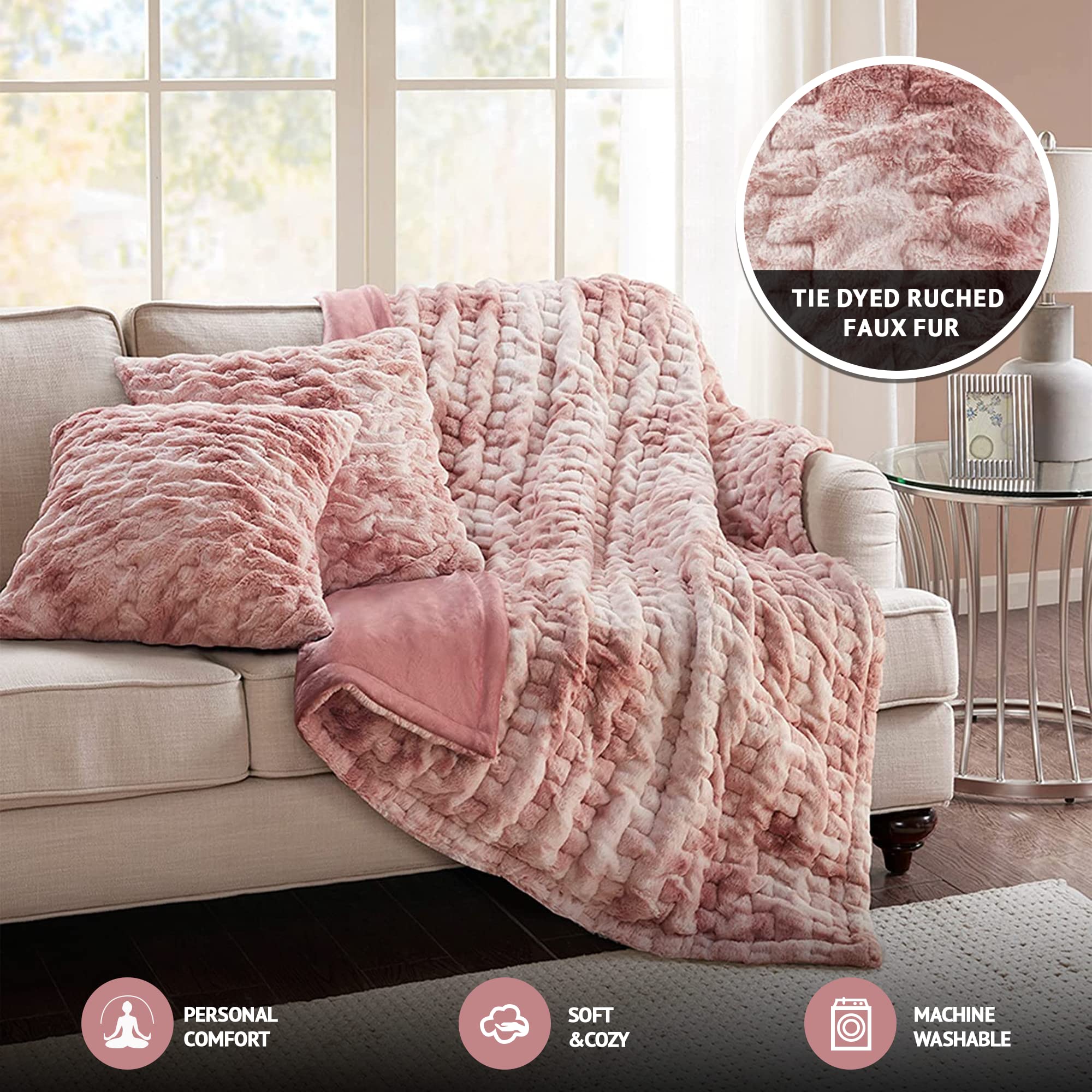 Comfort Spaces Lujoso y Mullido Juego de Manta de Felpa de Piel sintética Suave con 2 Fundas de Almohada cuadradas a Juego, para sofá, Silla, sofá, Sala de Estar, Oficina en casa, teñido Anudado | Calidez ultrasuave y acogedora para sofá o cama, felpa, ce