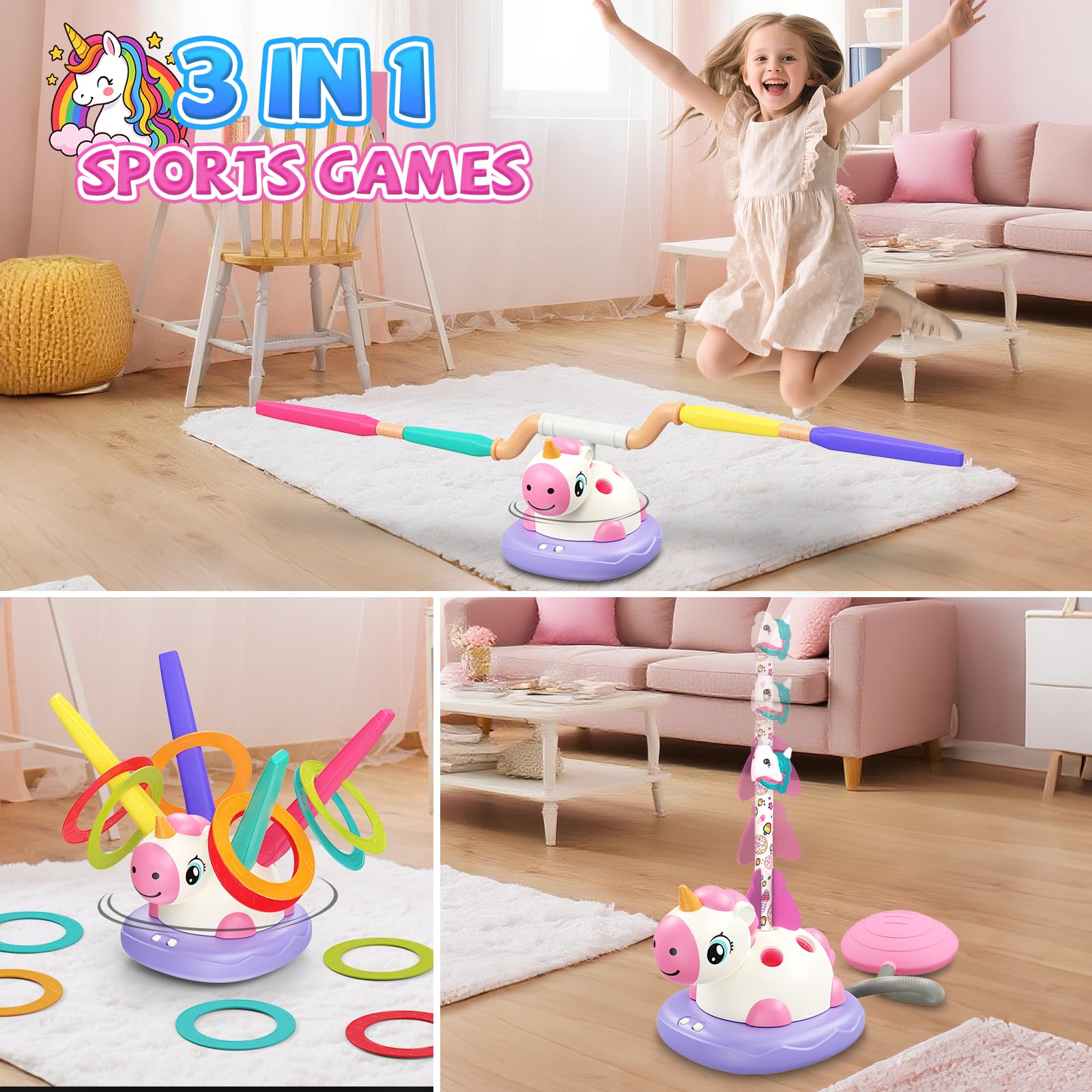 Aliex Einhorn 3 in 1 Outdoor Spielzeug für Mädchen ab 3-12 Jahre, Seilspringmaschine, Raketenspiel, Ringwurfspiel, Gartenspielzeug für Kinder, Bewegungsspiel, Geschenk für Mädchen