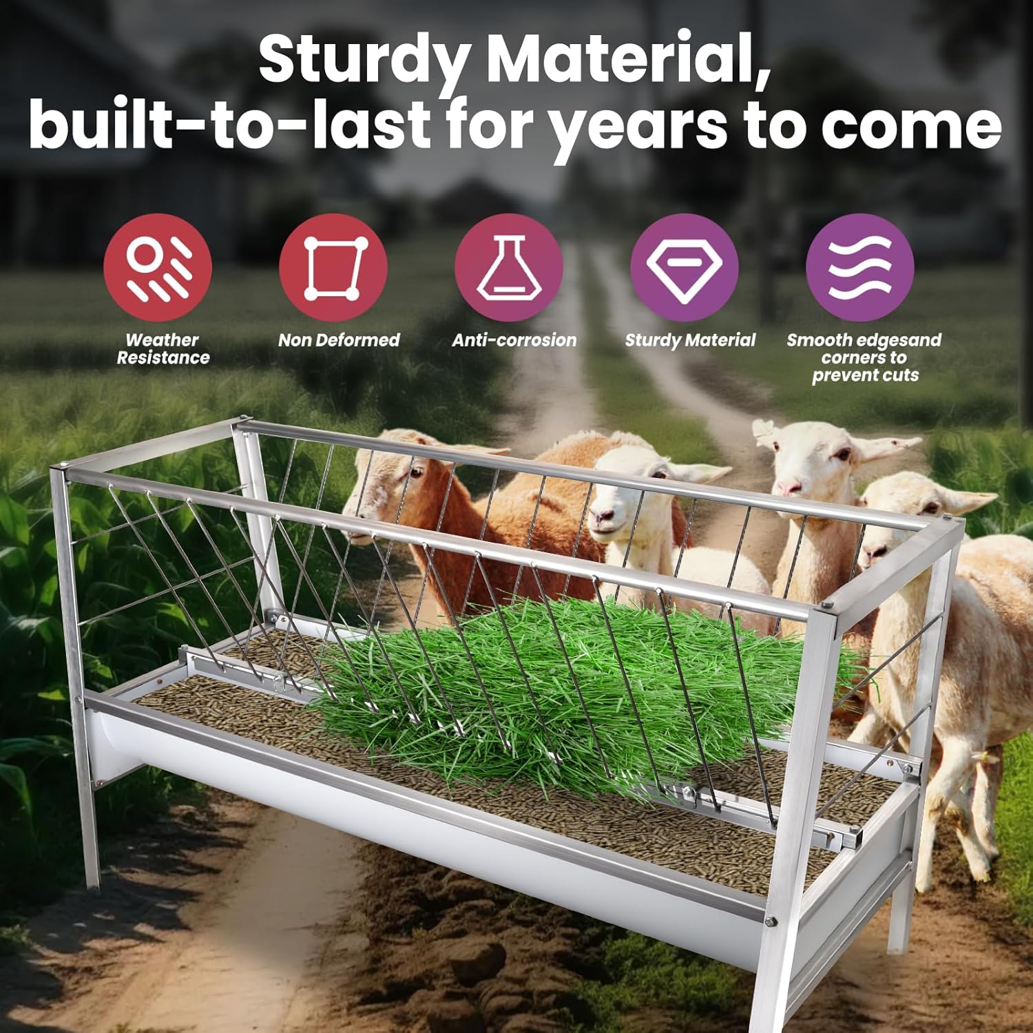 Livestock Feeding Trough, 90 Gallon Capacity Goat Hay Feeder with Deeper 23.6 Inch Wide Deer Feeder Pan, 59 Inch Long Stainless Steel Hay Feeder for Goats Shed, Horse Farm, Cowshed, Pigsty