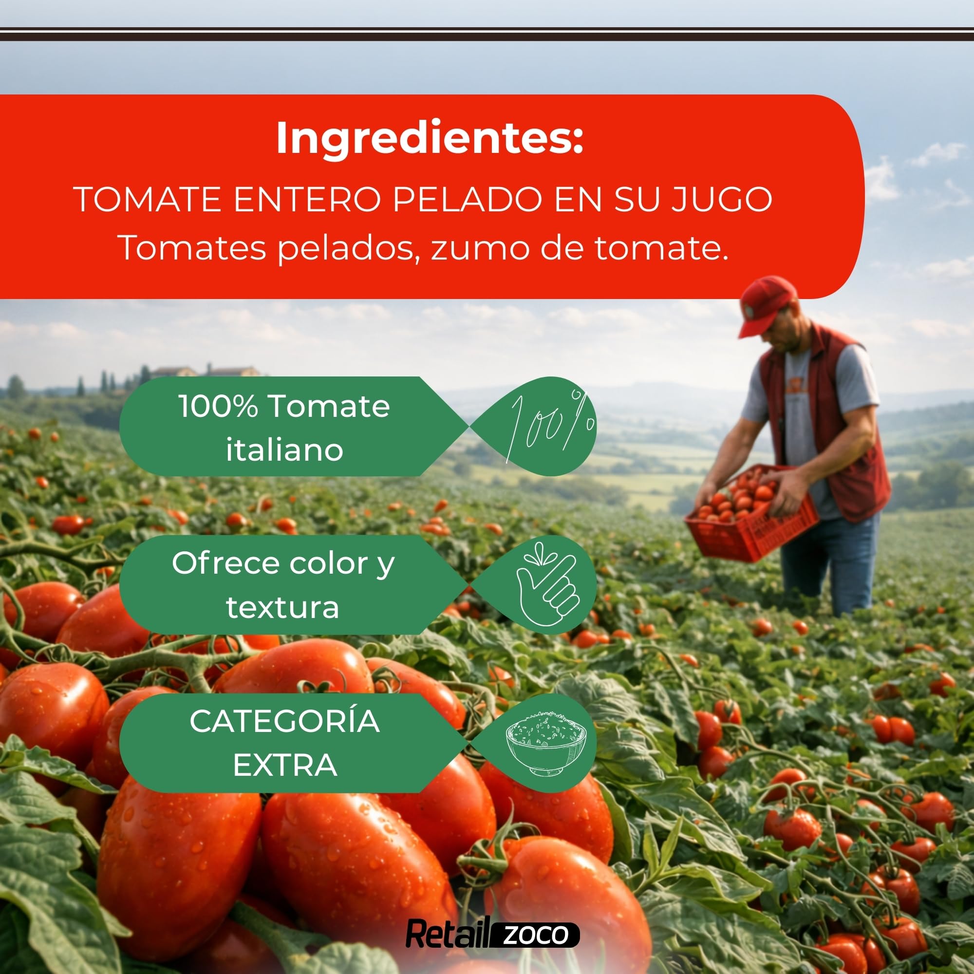 Tomate Pelado, Salsa Tomate Italiano, Para platos tradicionales mediterráneos, Elaborado con tomates pelados, zumo de tomate, Sin Gluten, Sin Lactosa, Sin huevos, Vegano, Contiene 4 Latas de 400 gr