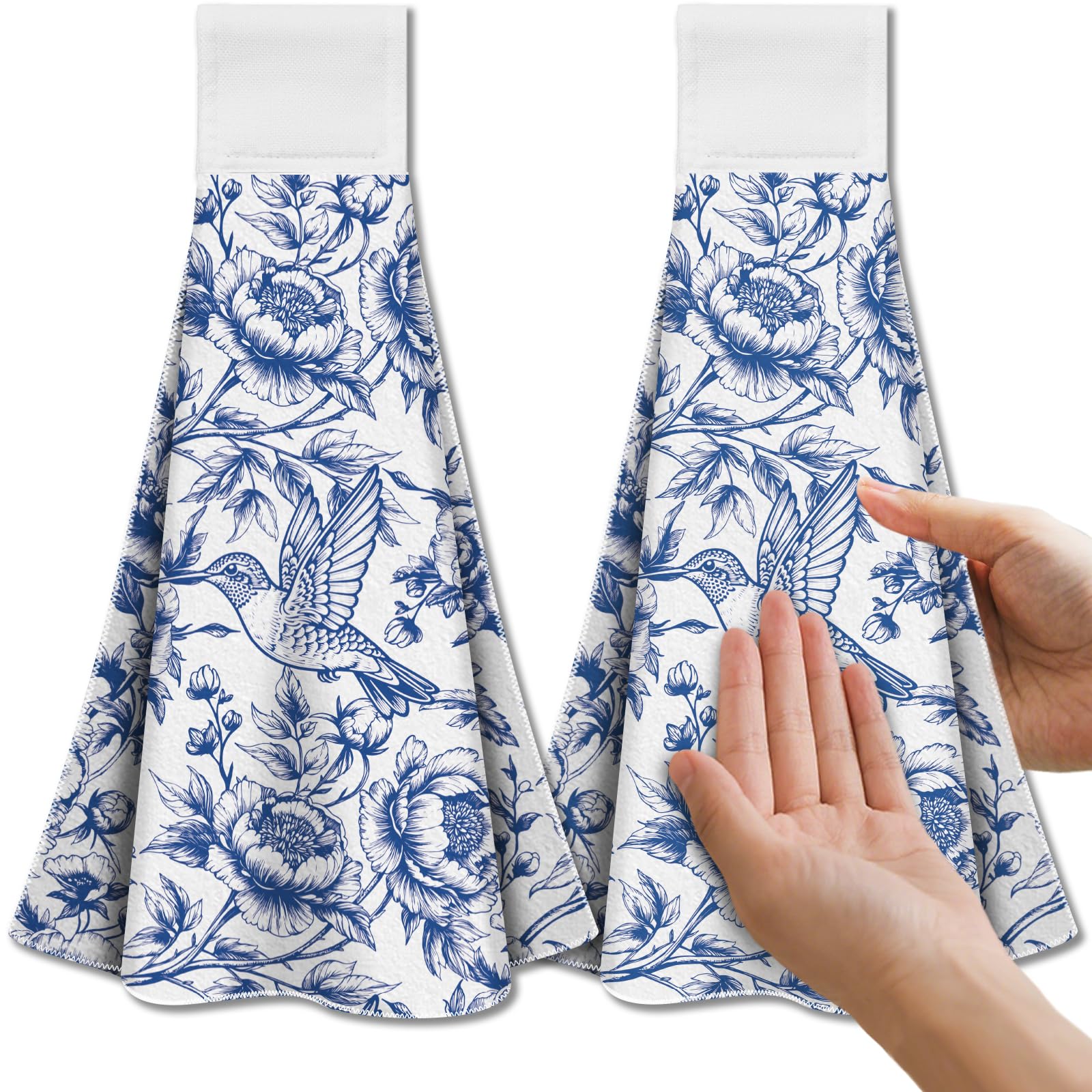 CUTHOLLOW 2PCS Blue Hummingbirds and Flowers Tea Towels for Kitchen with Loop, 31.5x43.5cm Soft Absorbent Microfiber Decorative Hanging Dish Towel, Tea, Coffee Towel for Kitchen Bathroom Oven Handle