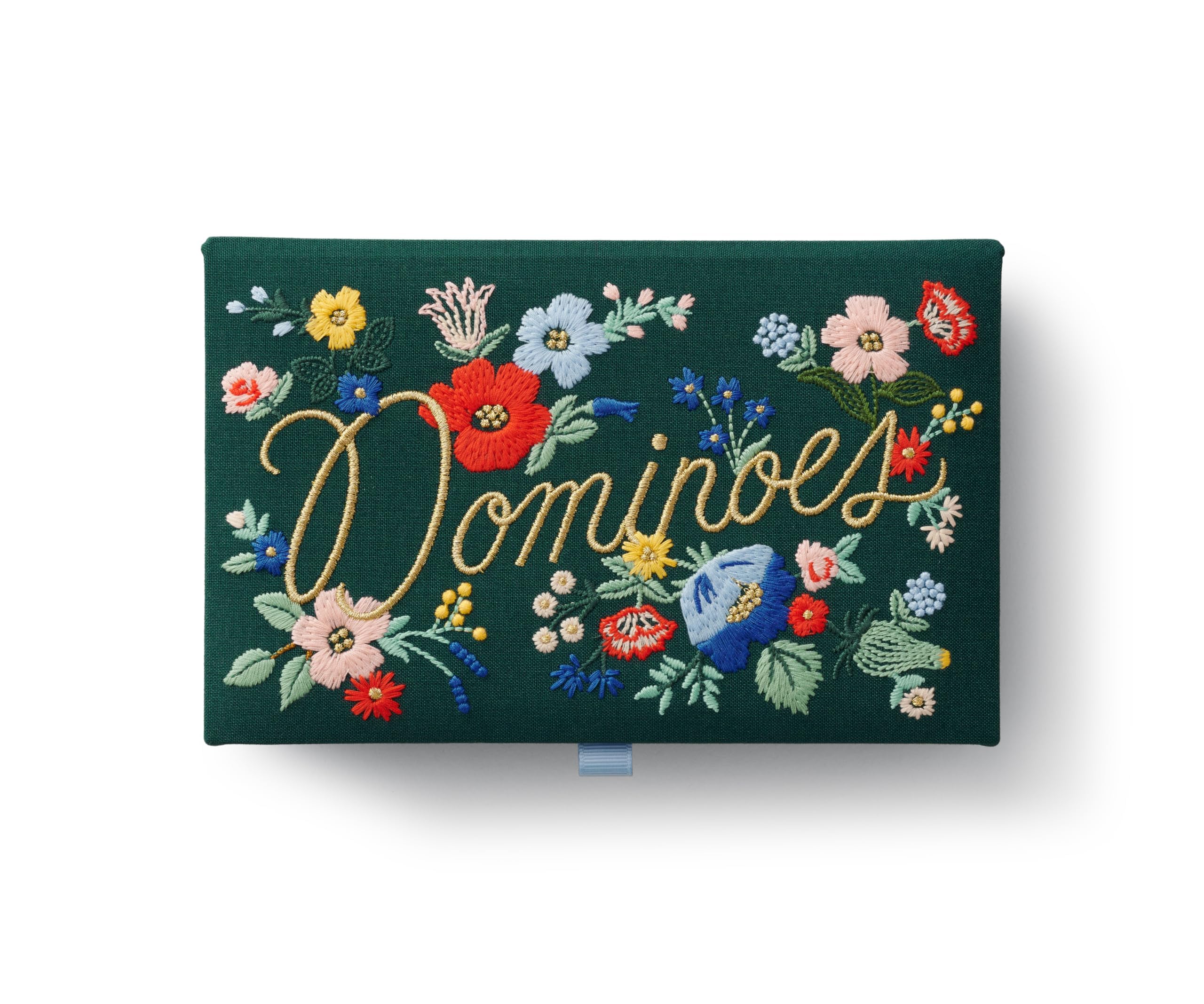 RIFLE PAPER CO. Dominoes Set | 28 Dominoes with Illustrated Designs, Packaged in Embroidered Keepsake Box, Includes Instruction Card for Games, Strawberry Fields