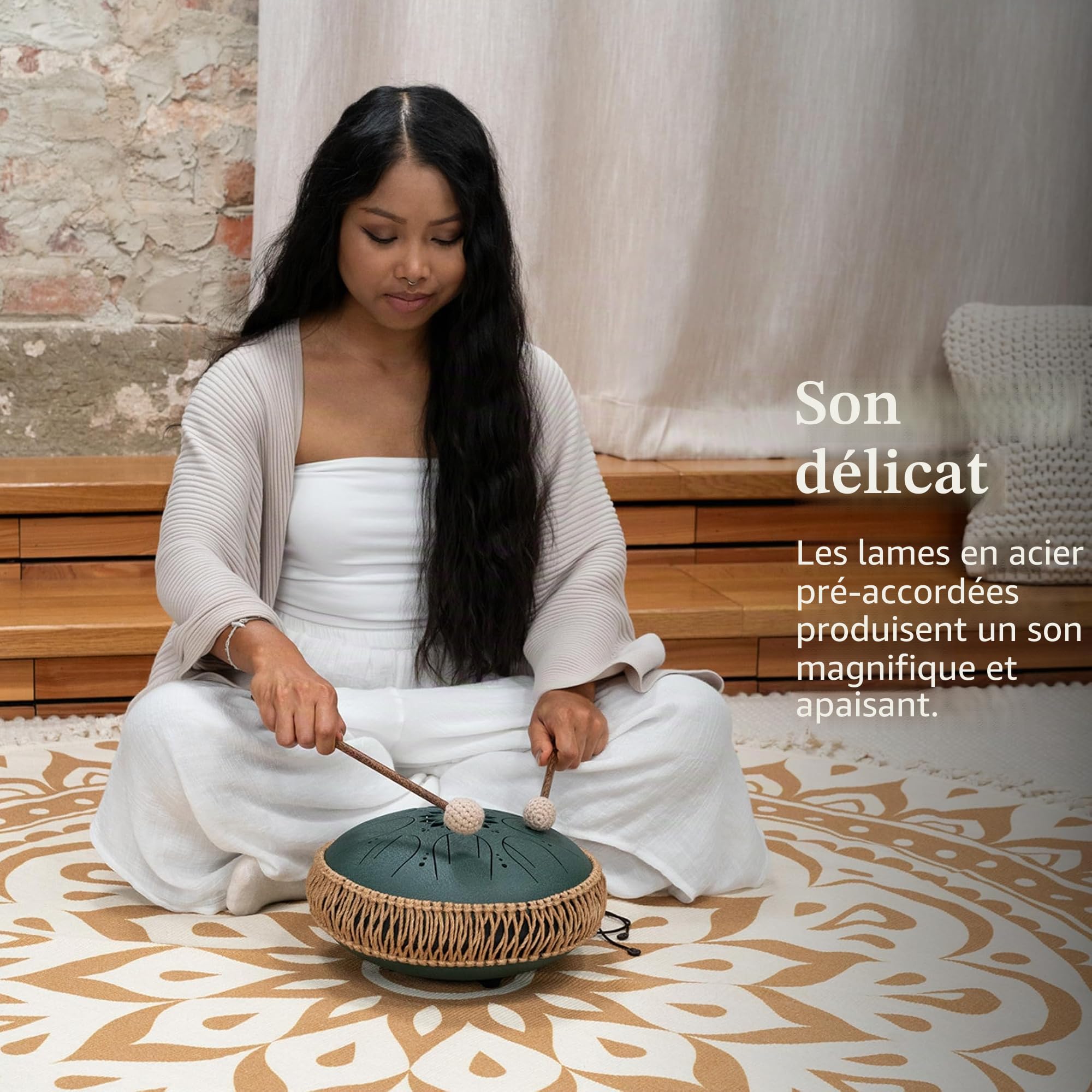 Sonic Energy Steel Tongue Drum – octave tank tongue drum de 10 pouces, Fa dièse mineur – Pour la méditation, le yoga, la percussion – acier revêtement vert foncé – mailloches et sac inclus (MOSTD4DG)