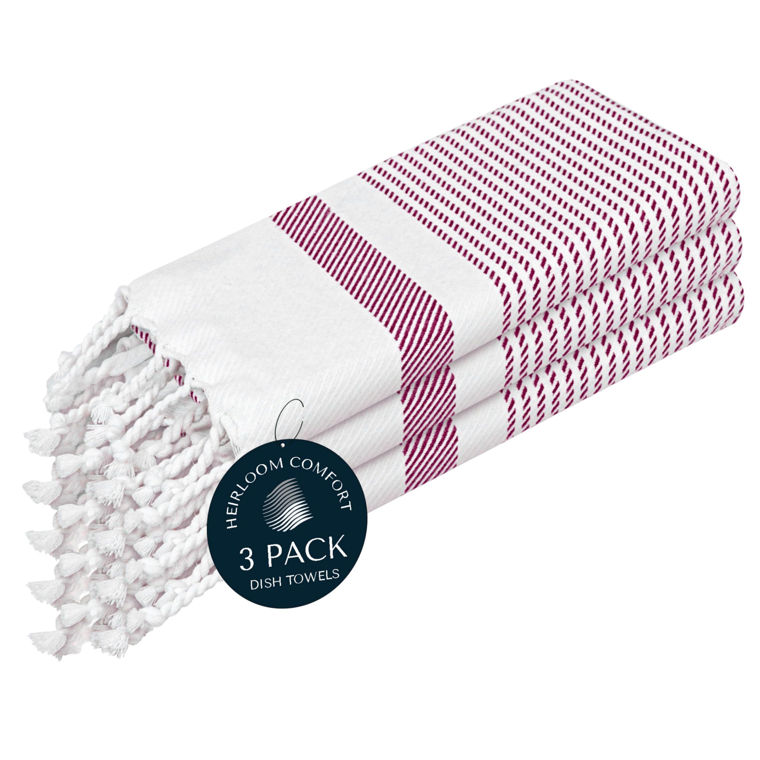 HEIRLOOM COMFORT Burgundy Wine Turkish Kitchen Towels 40x66 cm, 3 Pack, 100% Cotton, Ultra Absorbent, Soft, Fast Dry, Washable, Dish Towel with Tassels for Drying Dishes, Cleaning, Everyday Use