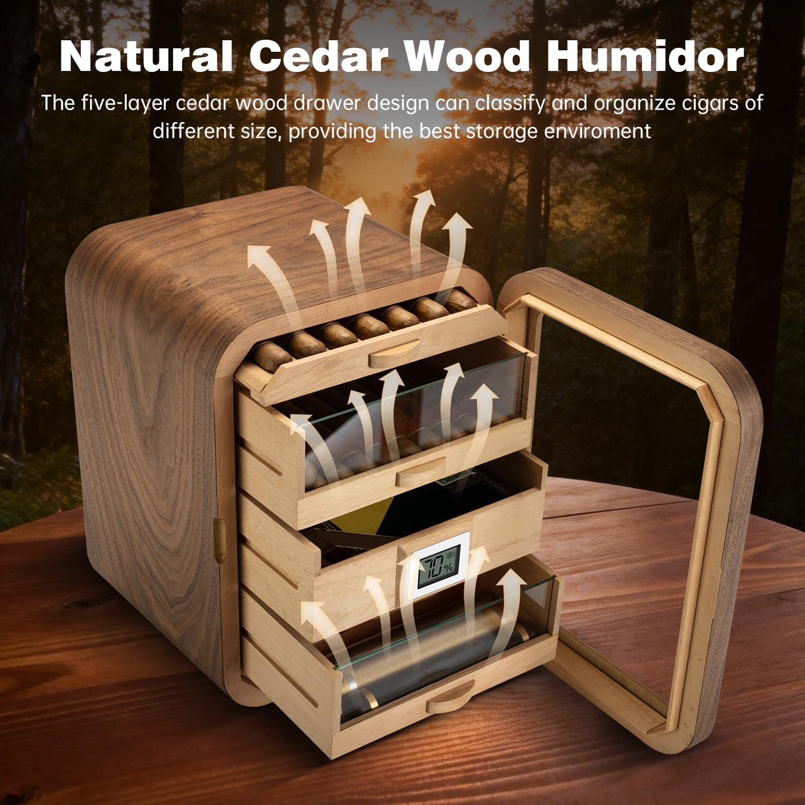 CIGARLOONG Zigarrenhumidor-Schrank aus Zedernholz, 4 Ebenen, großes Fassungsvermögen, Schrank für 110 Zigarren, inklusive Befeuchter und Hygrometer, luxuriöses Geschenk für Zigarrenliebhaber (Braun)