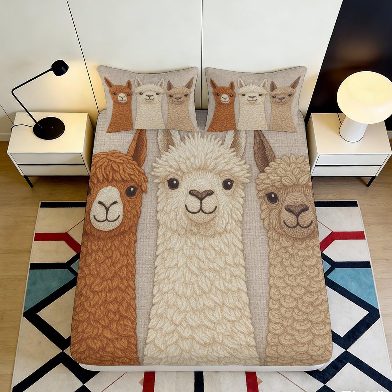 3D Printed Alpaca Animal Fitted Sheet Microfiber Soft Durable Llama Pattern Mattress Cover for Bedroom Dormitory Guest Room Bed Protection 140x200x25cm