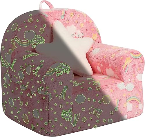 MOMCAYWEX Sofá infantil de unicornio arcoíris con almohada de estrella, silla de respaldo alto que brilla en la oscuridad para niños y niñas, rosa