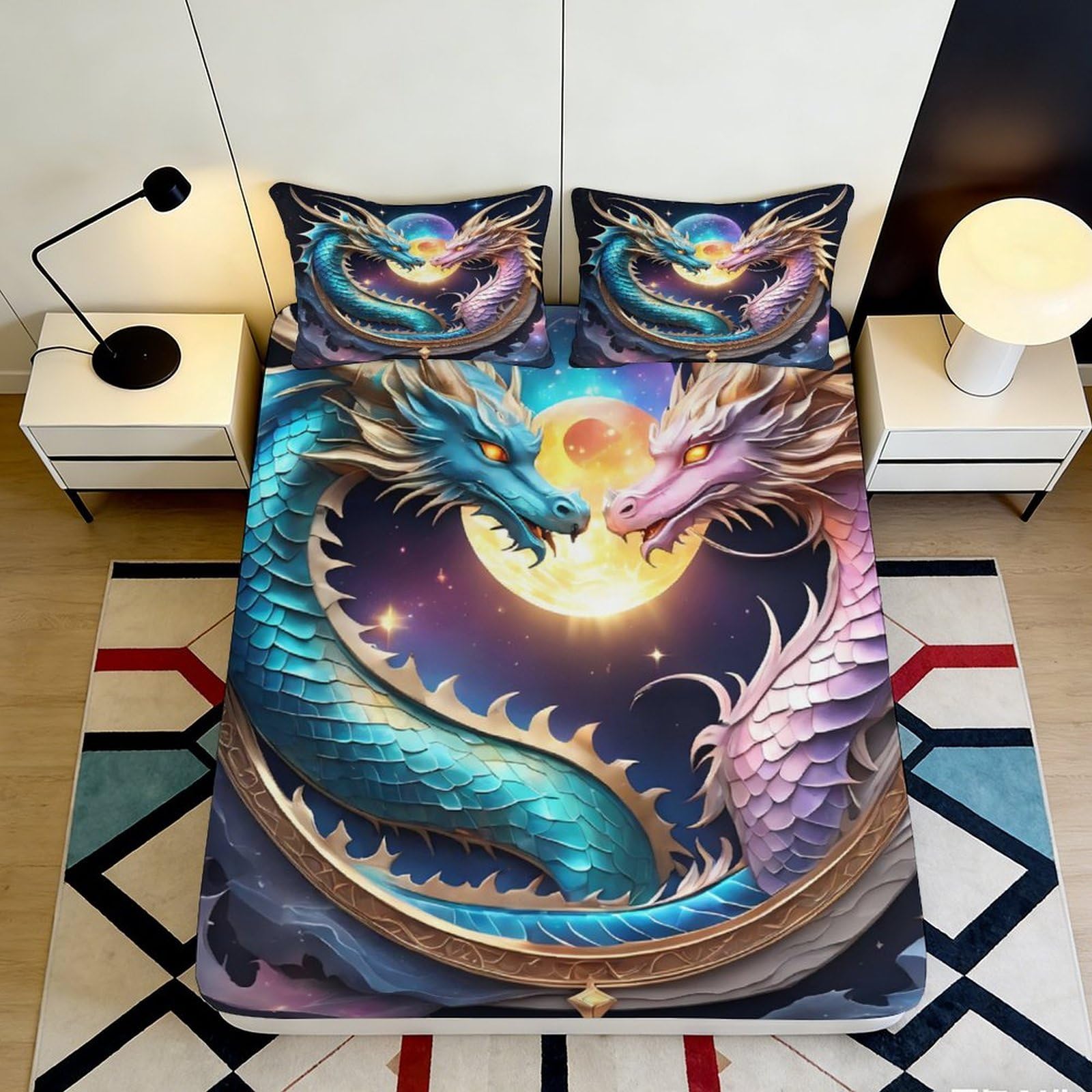 3D Printed Dragon Moon Fitted Sheet Microfiber Soft Breathable Celestial Bed Cover for Bedroom Dormitory Guest Room Mattress Protection Decor 180x200x25cm