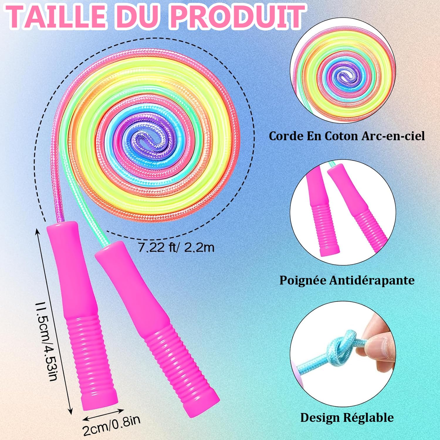 Lot de 24 Cordes à Sauter Réglables 2,2 m en Nylon Arc-en-Ciel avec Poignées Ergonomiques Antidérapantes pour Étudiants, Écoles, Sport, Entraînement Extérieur, Jeux et Fêtes