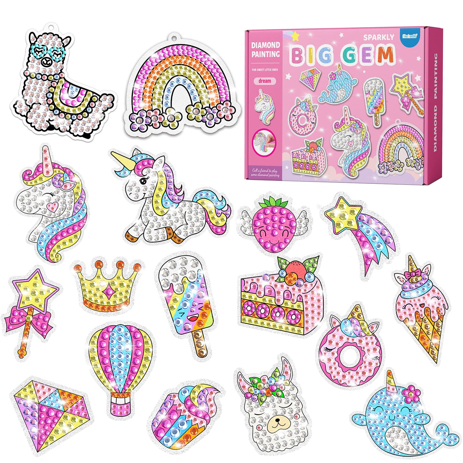 Fire beetle Big Gem Diamond Painting Kits for Kids, 15pcs Diamond Painting Stickers, with Magical Stickers and Suncatchers Arts and Crafts for Kids Ages 8-12 Paint by Number Kits DIY-Unicorn