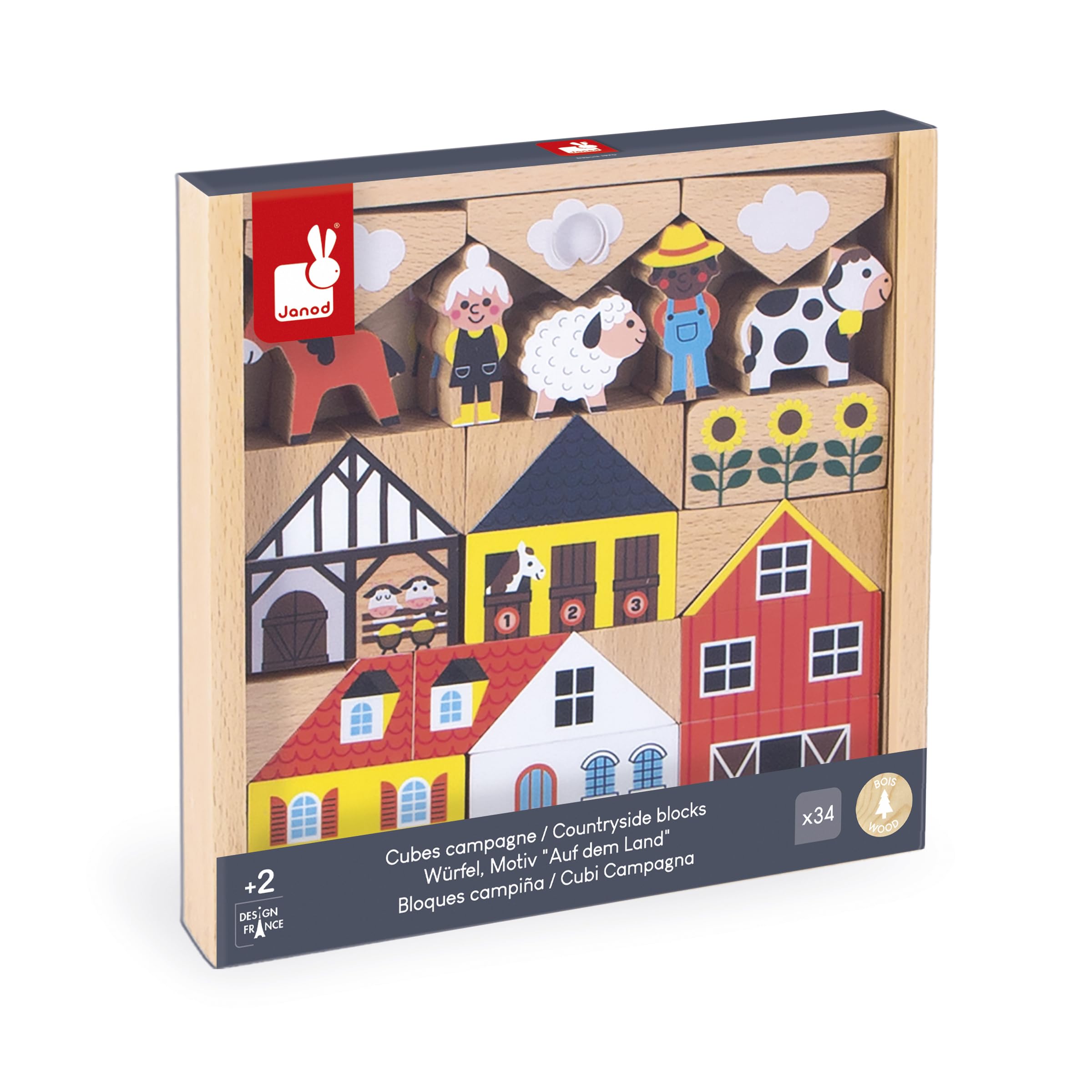 Janod Set di 34 cubi in Legno Massiccio, Tema Country, Complemento Ottime ai tappetini per Auto, Gioco di Costruzione, Sviluppa l'immaginazione, Giocattolo in Legno FSCTM, da 2 Anni, J05937