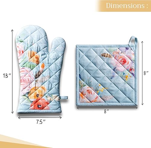 Miniatura 4 de Maison d' Hermine - Juego de guantes de horno de 7.5x13 pulgadas y agarradera de 8x8pulgadas, 100% algodón, resistente al calor, cocina, hornear,
