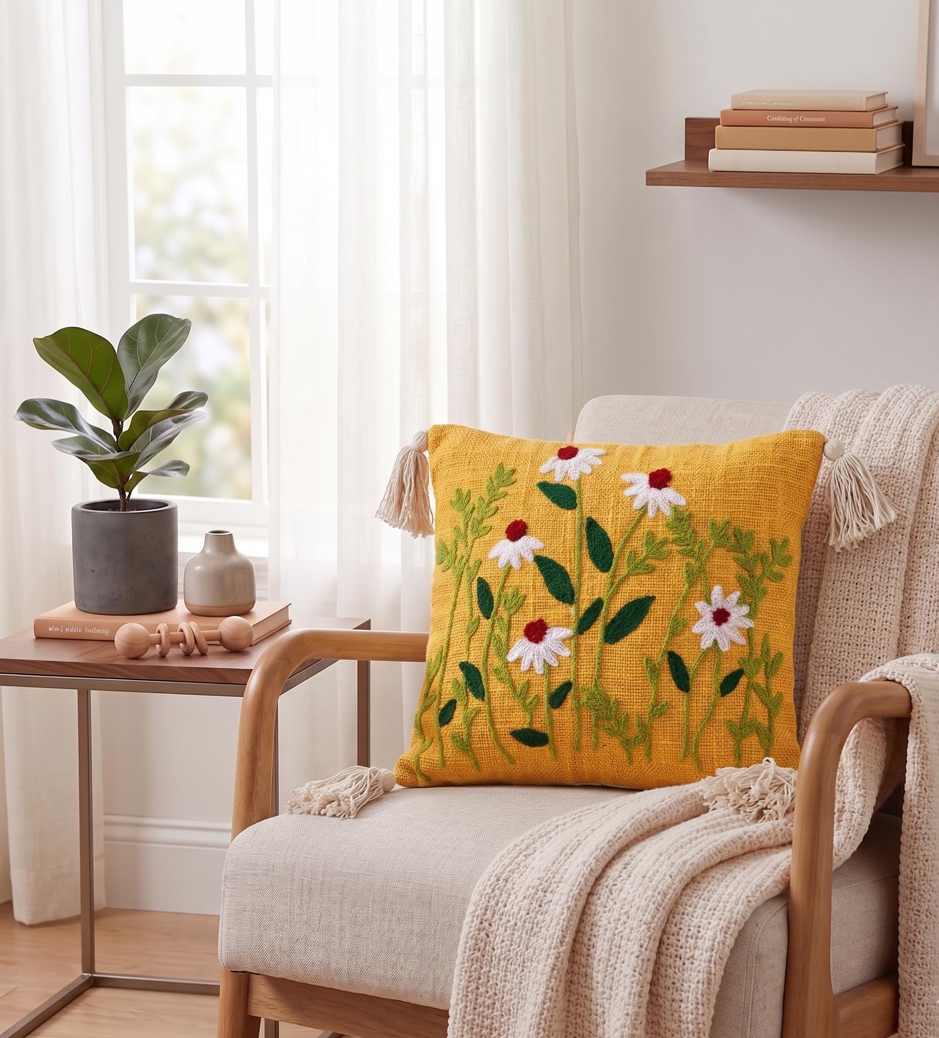 Furnistitchs Handmade Tufted Boho Cushion Covers 12x12 Inches | Embroidered Sofa Pillow Cases | Rustic Bohemian Decorative Throw Cushions for Couch Bedroom Living Room (2, Yellow Floral Cuts)-picture-21