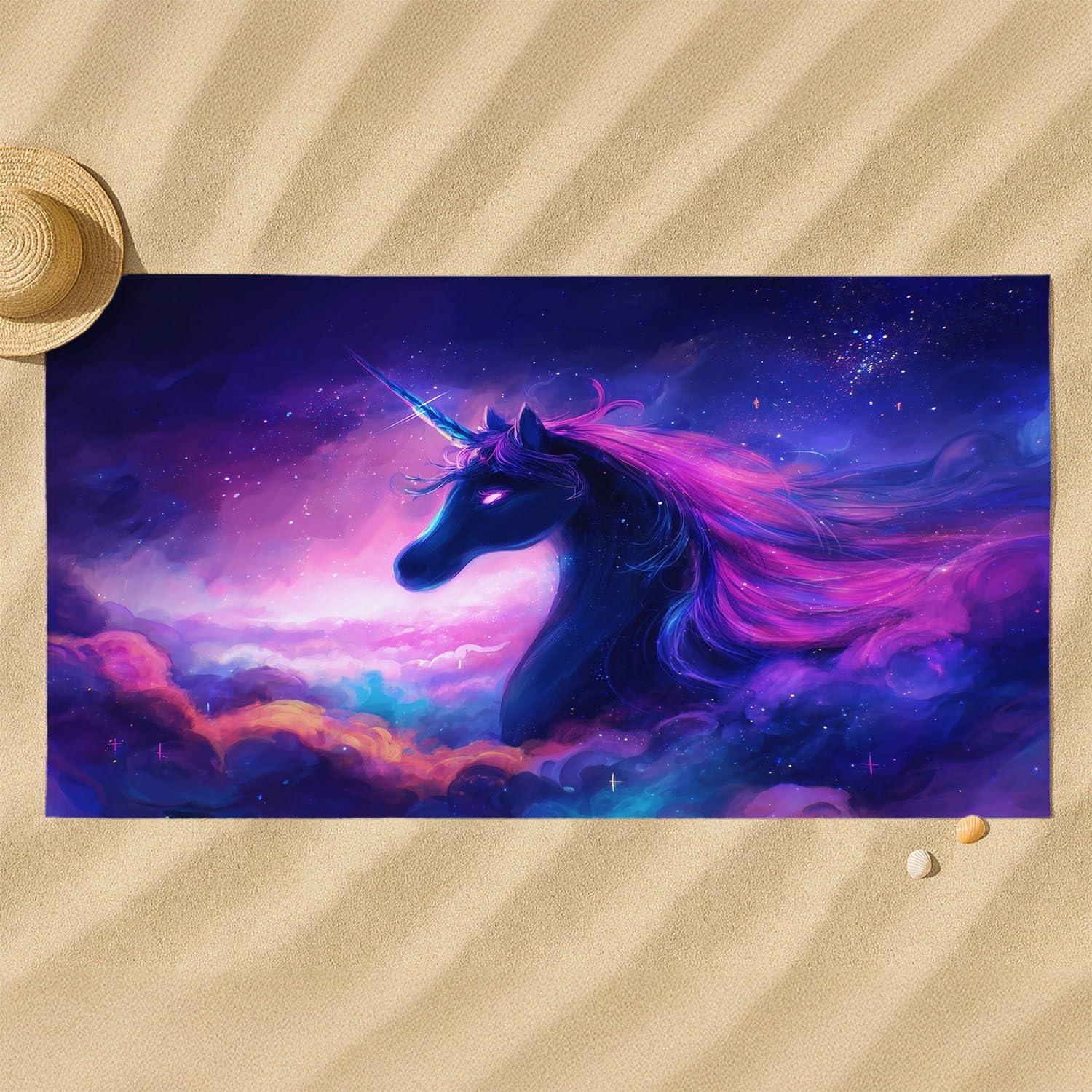 Drap de Plage Anti Sable Sechage Rapide 200 cm x 100 cm Rêveur Fantaisie Serviette de Plage Microfibre Élégant Mystérieux Espace Nébuleuse Animaux Licorne Absorbante Super Couverture de Plage
