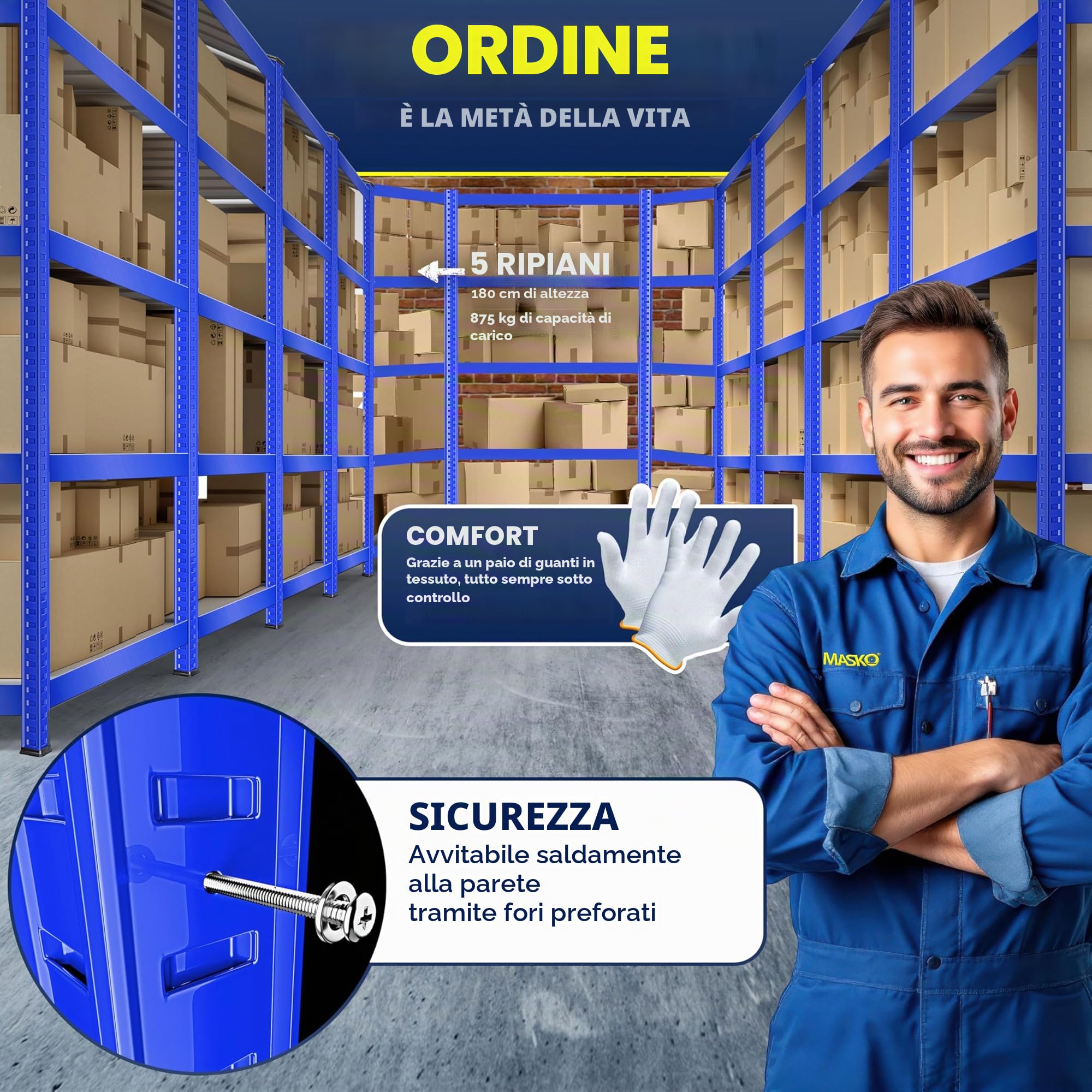 MASKO® Set di 3 sistemi di scaffalature, 1x scaffale angolare e 2X scaffali di stoccaggio - 15 ripiani | Scaffali in MDF 2625 kg Scaffali per officina Scaffali per cantine, Blu
