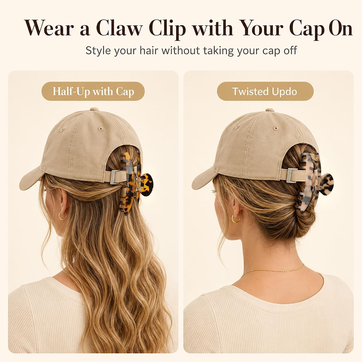 2 Pack Large Tortoiseshell Claw Clips for Trucker Hats, Hat Hair Clips for Women Ponytail, Strong Hold Non-Slip Claw Clip for Baseball Caps, Stylish Hair Clip for Thick & Thin Hair