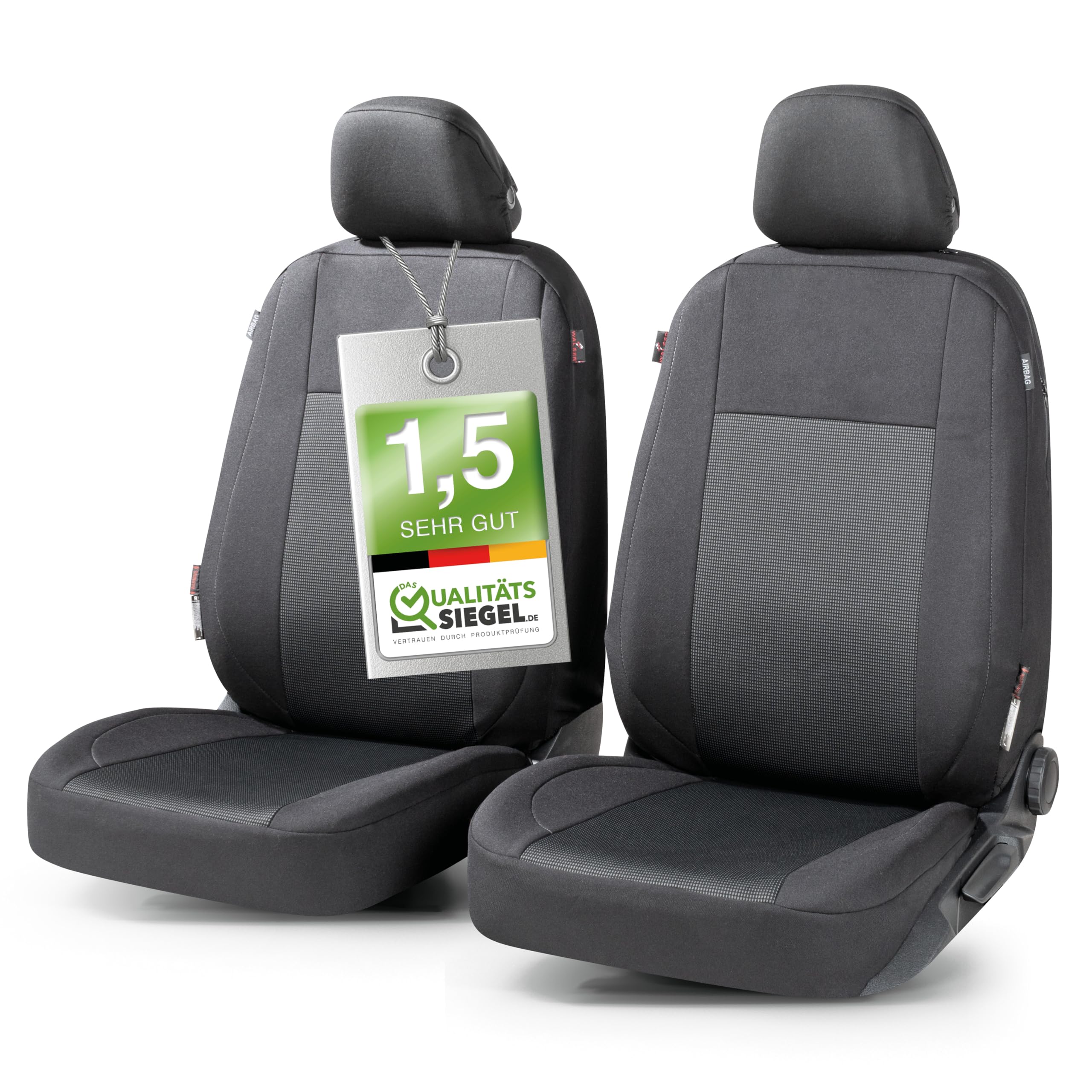 Walser Premium Autositzbezüge Ardwell mit Reißverschluss Qualitätssieger Sehr Gut* Sitzbezüge Auto, Zipp-IT Schonbezüge, 2 Vordersitzbezüge schwarz/grau 11867