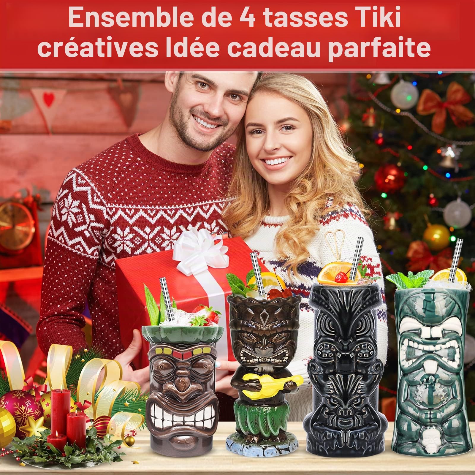 Lot de 4 grands verres Tiki en céramique pour cocktails tropicaux hawaïens et exotiques mignons