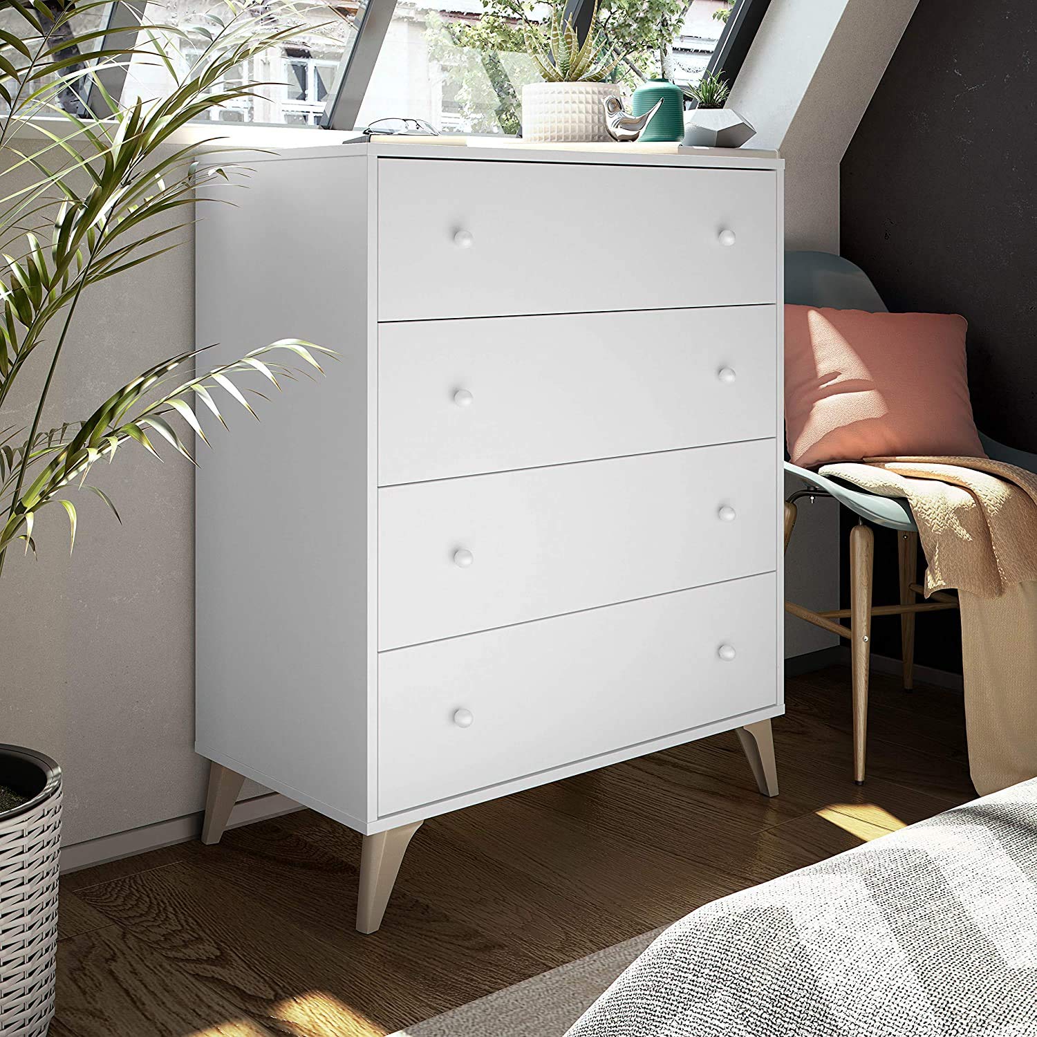 Mobelcenter, Conjunto Dormitorio Matrimonio Sweet, Color Blanco Artik y Blanco Velho, Cabezal para Camas de 135 y 150 cm, 2 Mesitas de 3 cajones y Cómoda de 4 cajones (P0029)