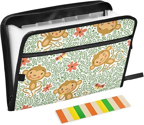 ZZKKO Carpeta de archivos expansible con 13 bolsillos, diseño de monos divertidos, color verde, con etiquetas adhesivas, carpeta de archivos de