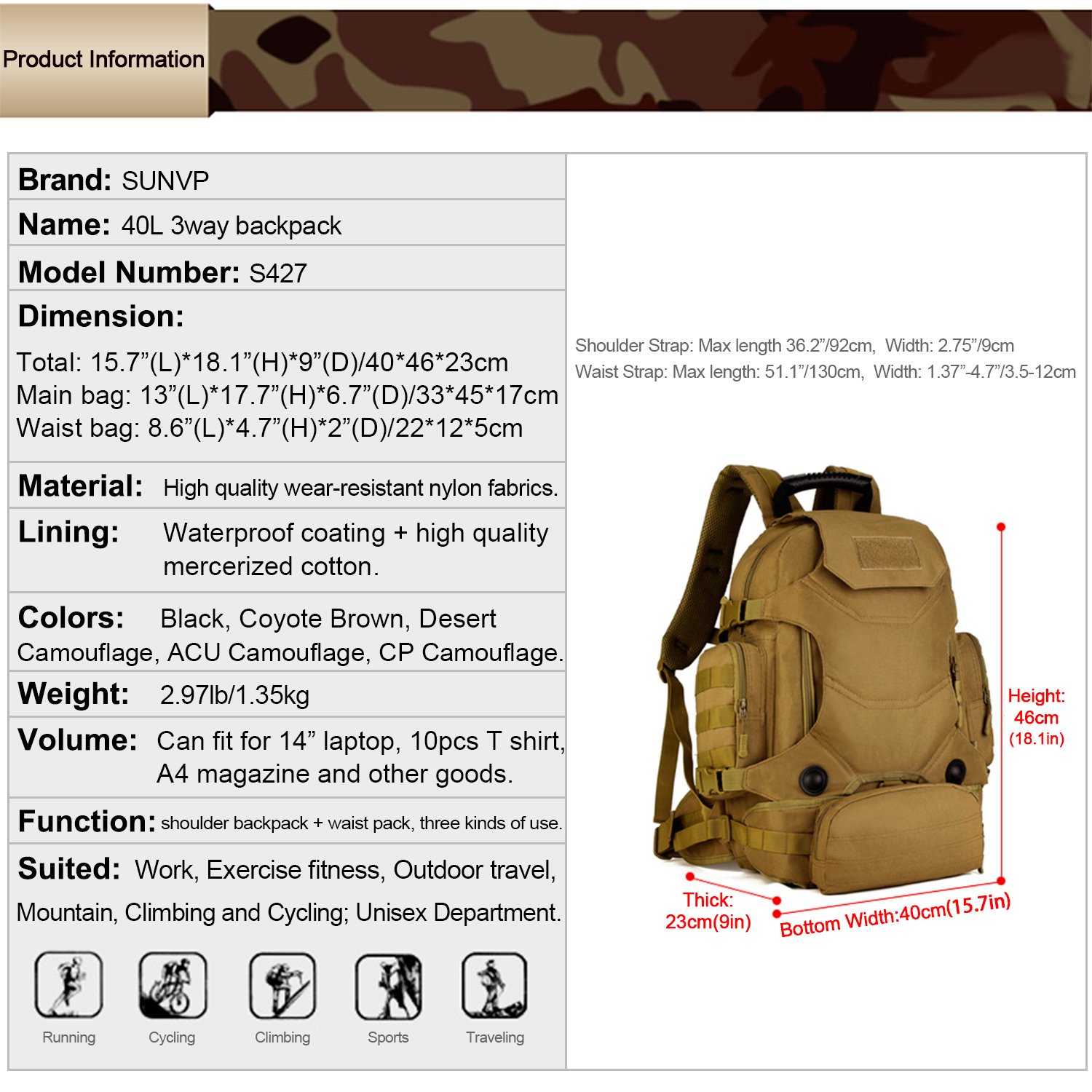 Huntvp 40l impermeabile tattico militare zaino da assalto zaino modulare a 3 attacchi grande borsa zaino con patch sport outdoor Gear per caccia di campeggio trekking, Desert Camouflage, 15.7*9.1*18.1 in