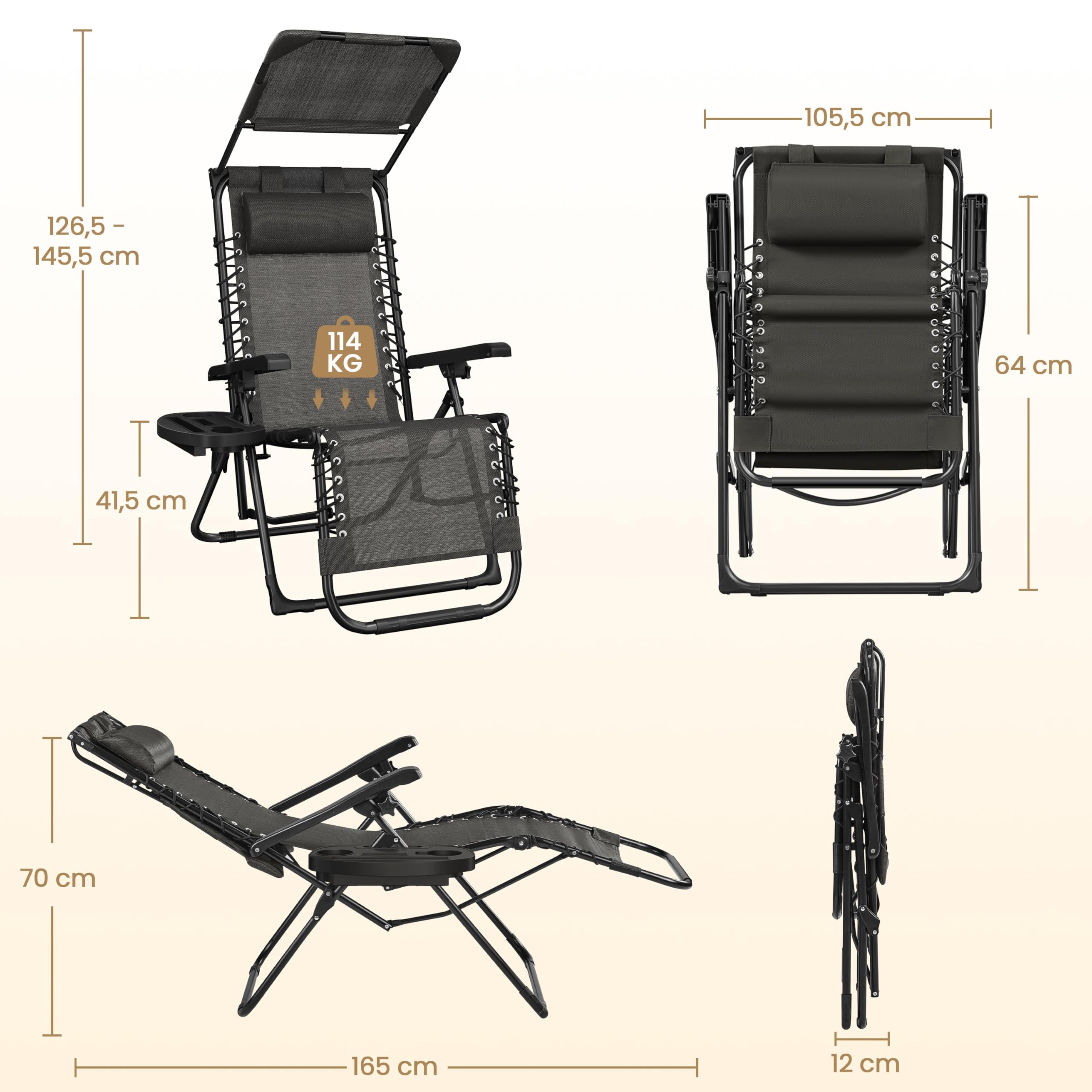 Yaheetech Liegestuhl Klappbar mit Sonnendach, Sonnenliege Verstellbar 90-160° mit Getränkehalter & Nackenkissen, für Garten,Camping & Balkon, Dunkelgrau