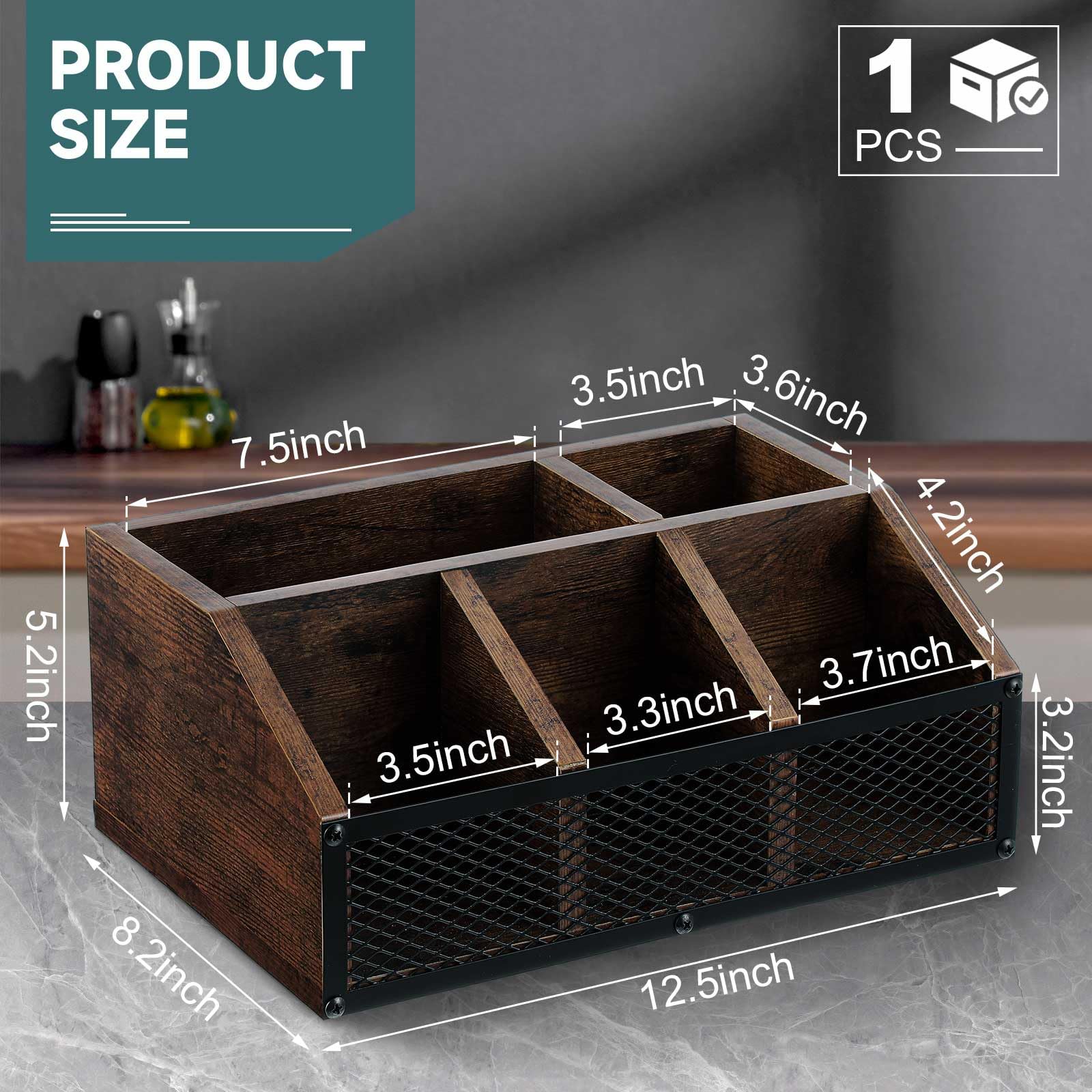 Yalikop Coffee Station Organizer Bar Coffee Creamer Holder for Countertop Tea Condiment Pod Wooden Storage Basket Rustic with Iron Mesh for Accessories Organizer Decor(Dark Brown,Classical)