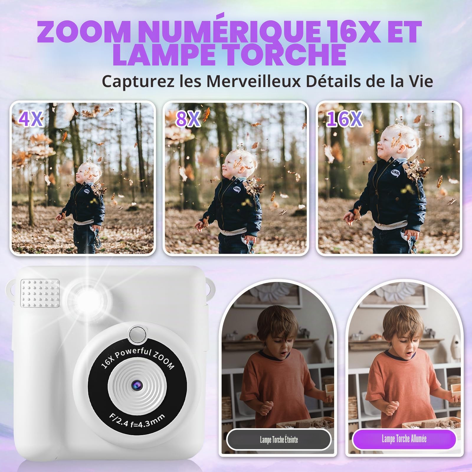 Appareil Photo Instantané Enfants, 1080P HD Appareils Photo Numériques Instantanés, 2.4'' Écran Appareil Photo Enfants avec Papier d'impression & Carte 32GB, Cadeau pour Filles Garçons 3-12 Ans