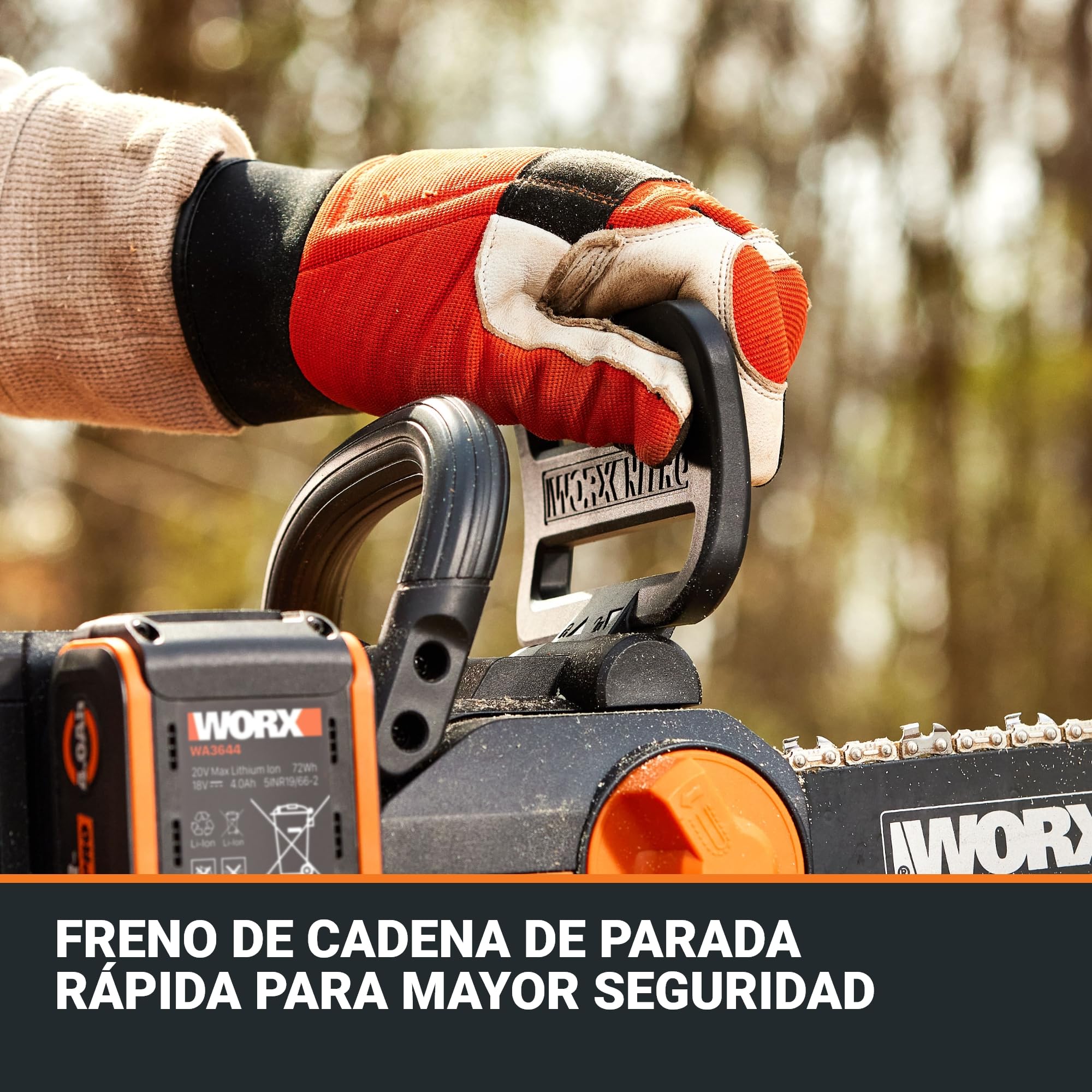 WORX WG350E.9 Nitro - Motosierra profesional con batería de 20 V, potente sierra para madera, 10 m/s, longitud de corte de 30 cm, compacta y segura, lubricación automática, tensión de cadena simple,