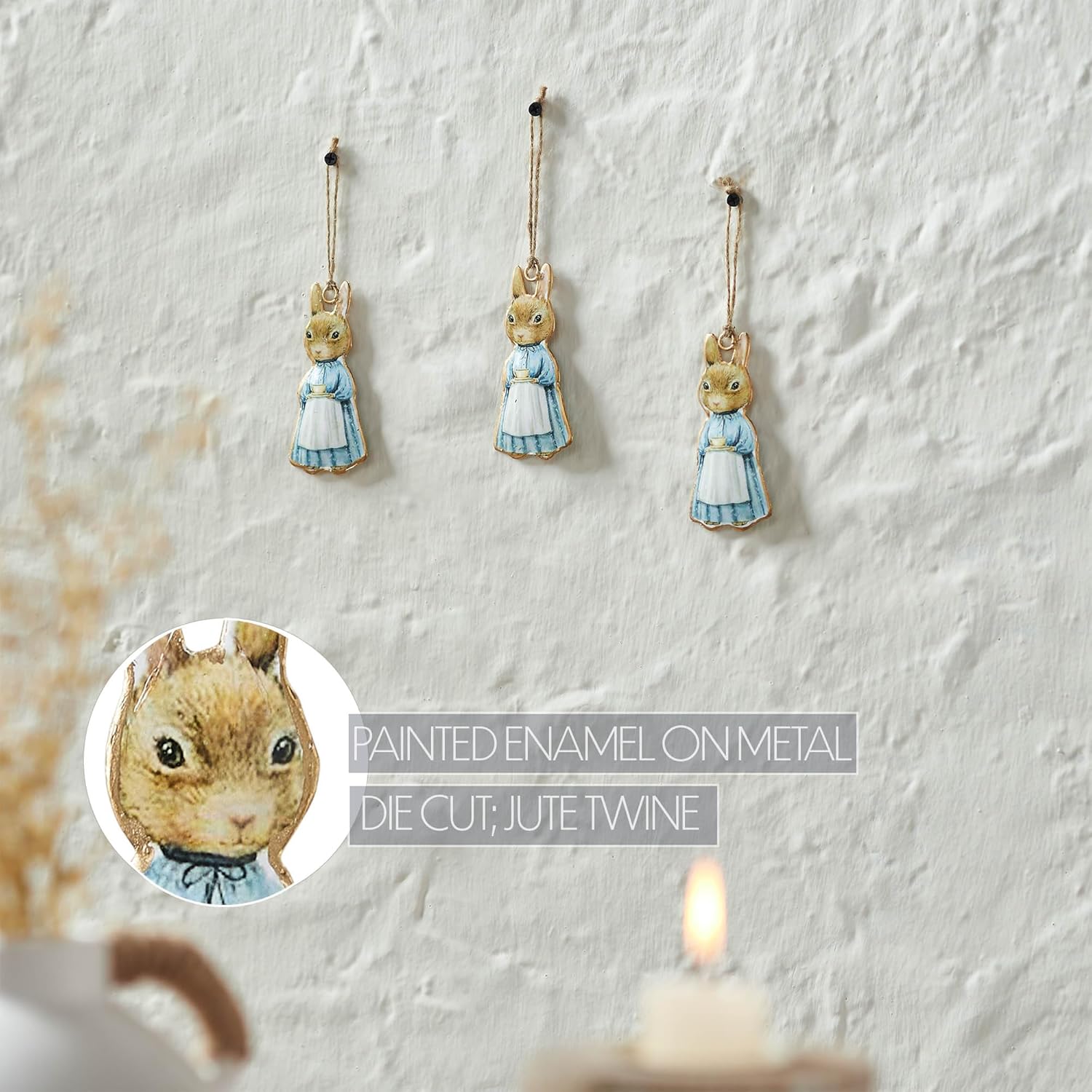 VHC Brandsバニーホップメタルエプロンウサギオーナメント3個セット、2x4、スプリングハンギングデコレーション、スモールハン