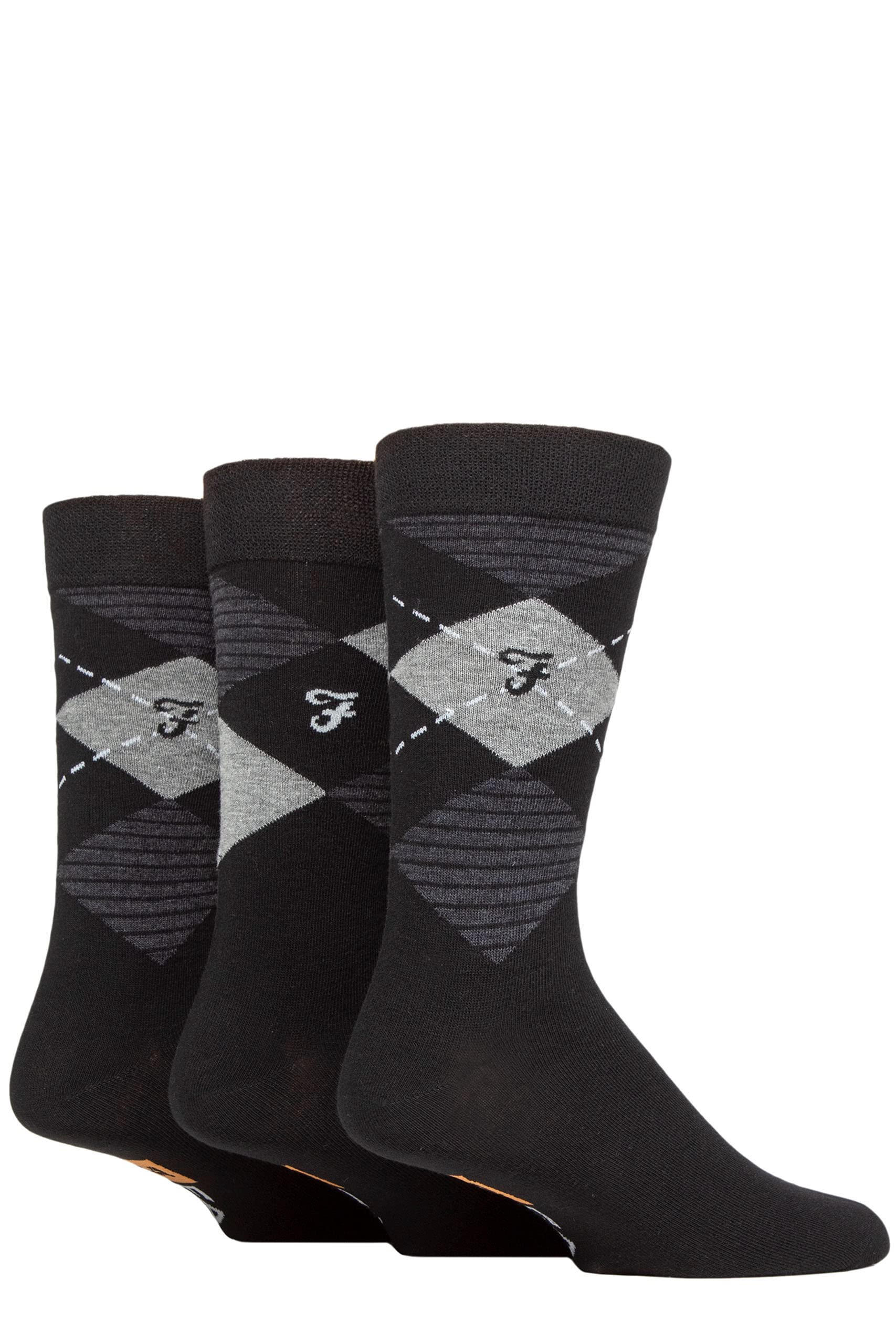 Farah Mens Argyle, Patterned and Striped Cotton Socks Pack of 3 Black/Charcoal Argyle 6-11