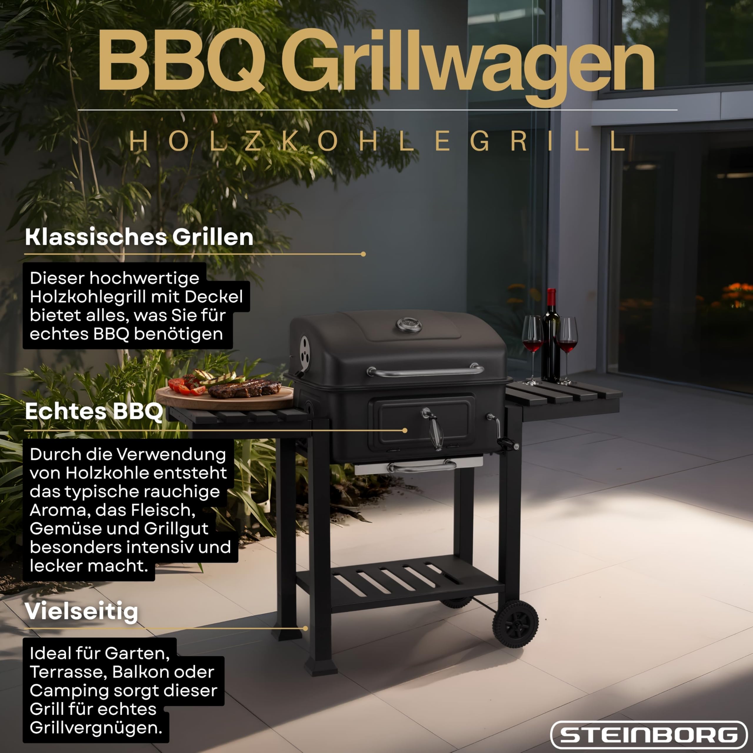 Steinborg® Holzkohlegrill mit Deckel & Thermometer – BBQ Grillwagen fahrbar mit 2 Grillrosten, Warmhalterost, höhenverstellbarer Kohlewanne, Thermometer, Ascheschublade & Seitenablagen