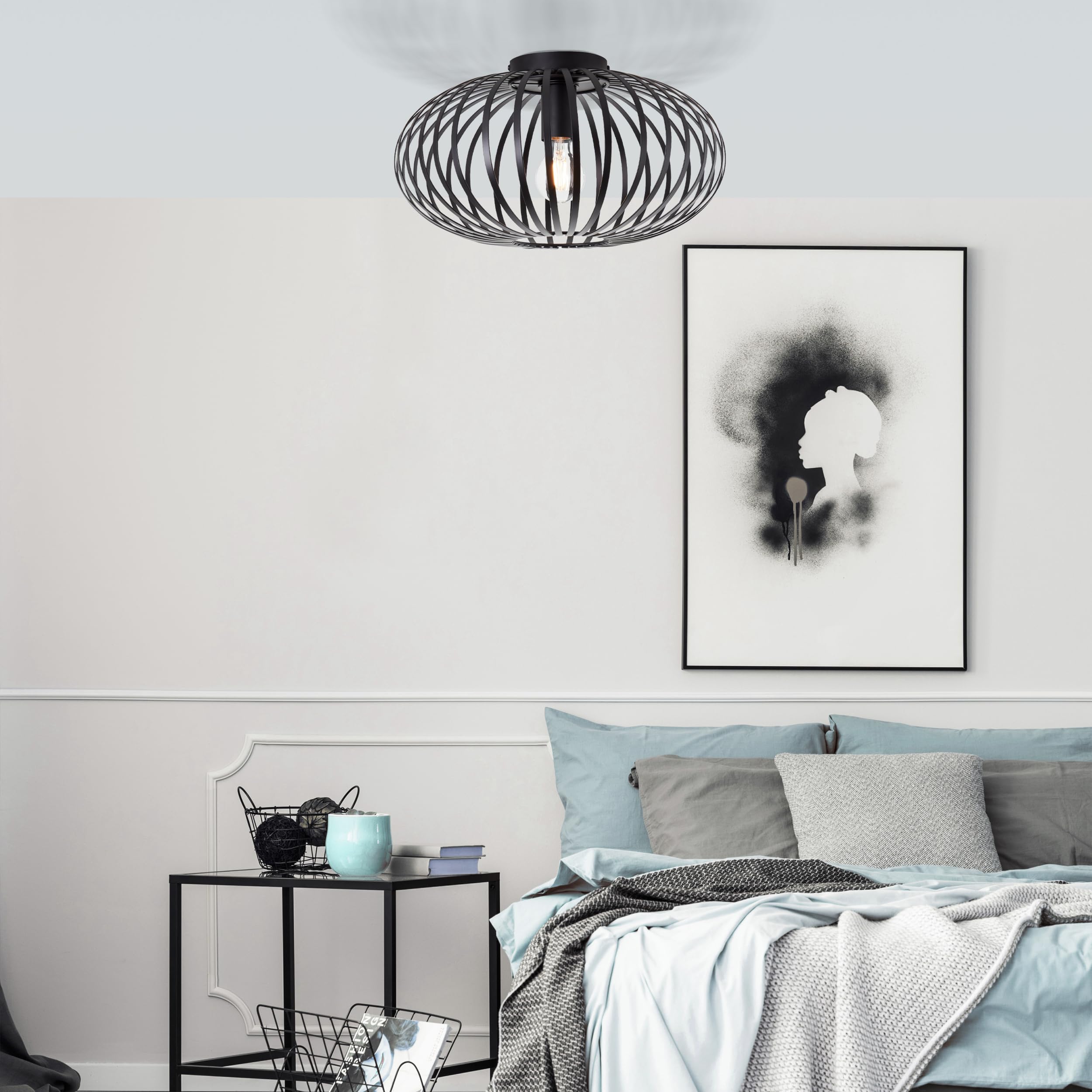 Lightbox Retro Deckenlampe mit besonderem Lichteffekt durch Gitter Lampen-Schirm | Ø 40 cm | Deko Deckenleuchte | E27 Fassung | für Wohn- und Schlafzimmer | Metall in Schwarz