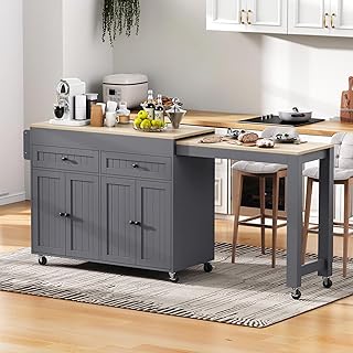 Kücheninsel auf Rollen Grau+Natur,Ausziehbarer Essbereich mit Arbeitsplatte und Schubladen,Mobile freistehend, Ideal für Küche und Esszimmer