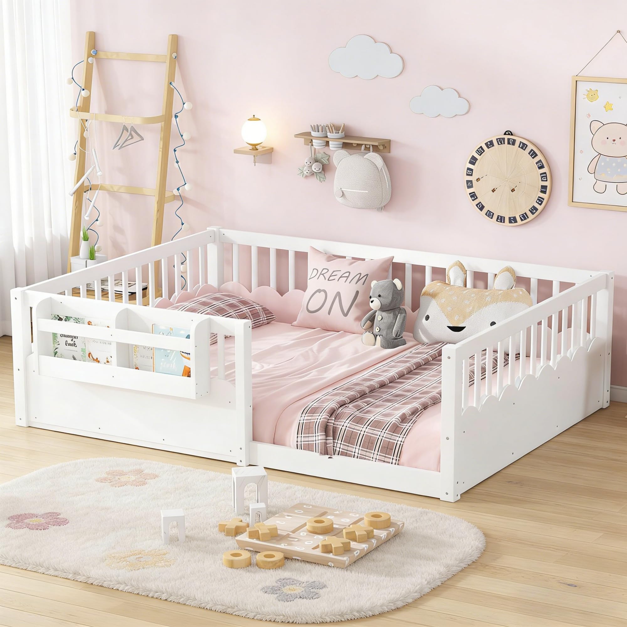 Full Size Floor Bed with Bookshelves, Wood Kids Floor Bed with Upgraded Guardrails and Slats, Montessori Floor Bed Frame for Kids, Boys, Girls, Childlike and No Spring Box Needed Design, White