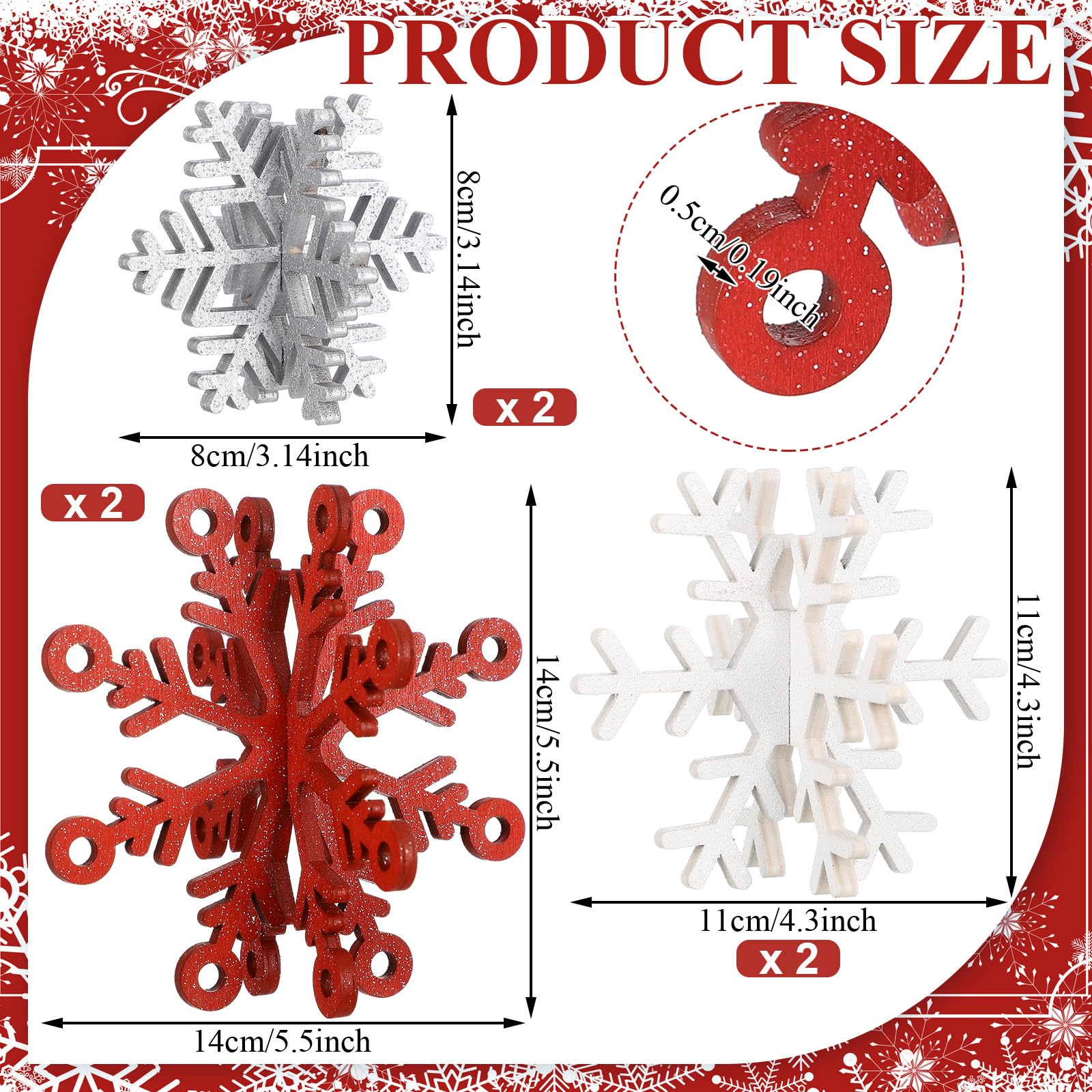Yousoontic 12 Pcs Christmas Table Centerpiece 3D Wooden Snowflake Decor Winter Snowflake Tabletop Decorations Red White Glitter Christmas Centerpiece for Tiered Tray Xmas Party Supplies
