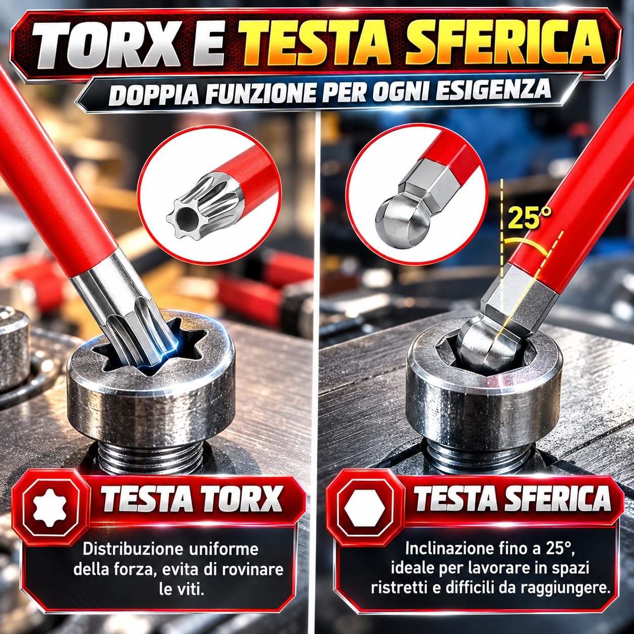 Set 30 Chiavi Torx e L-Hex Esagonali Professionali in Acciaio S2, Metriche e SAE in Pollici, Testa Sferica Ball End, Impugnatura a T e Barra di Estensione, Kit Brugole per Officina e Meccanica