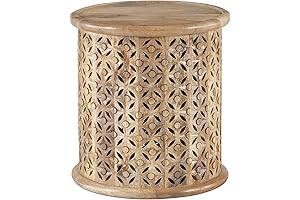Sympico Natural Stained Mango Wood Round Side Table with Carved Details