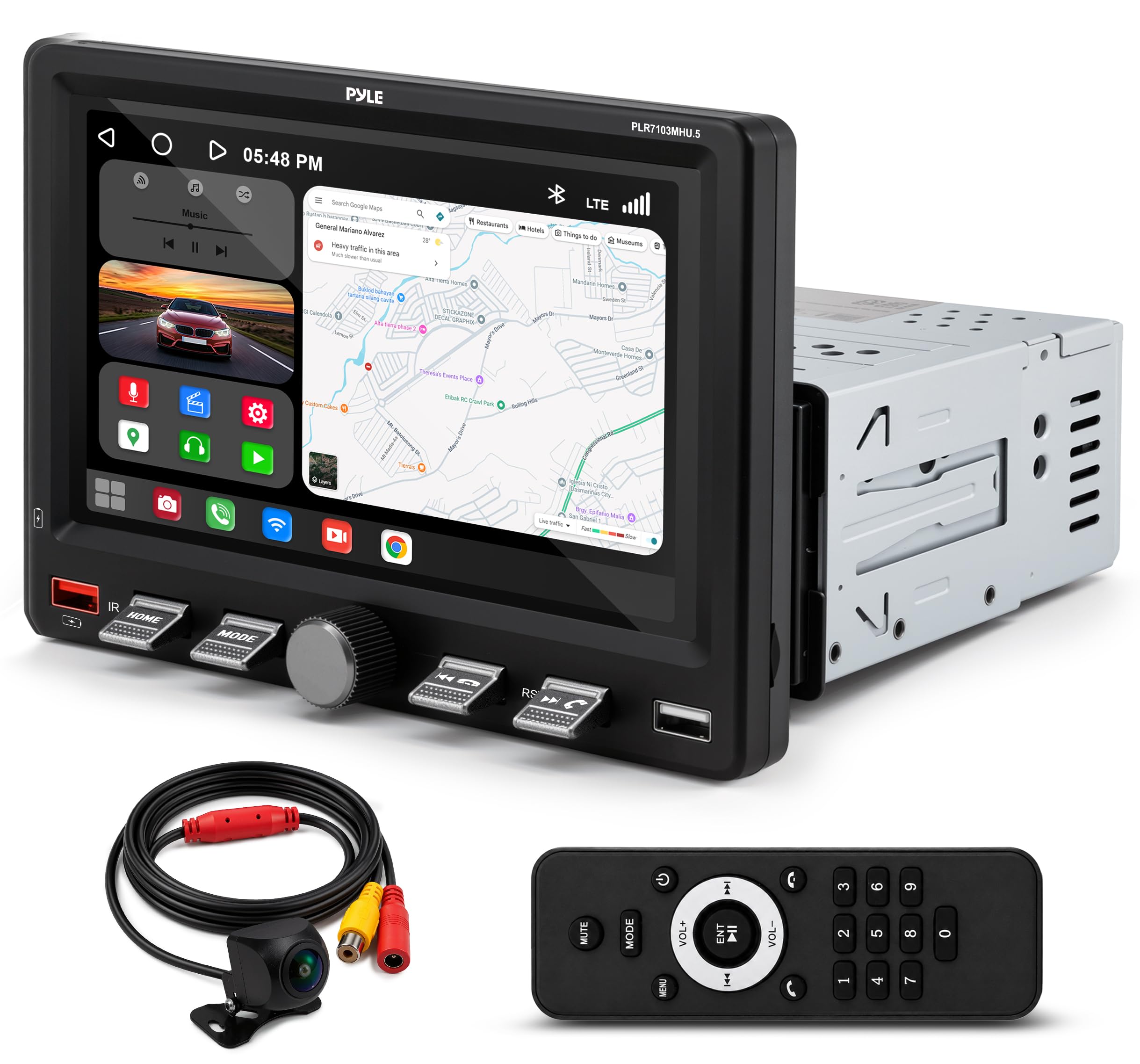 Pyle 1DIN Autoradio Wireless Apple CarPlay Android Auto 7 Zoll Touchscreen Bluetooth 5.0 Rückfahrkamera USB-C Schnellladung FM AM Fernbedienung