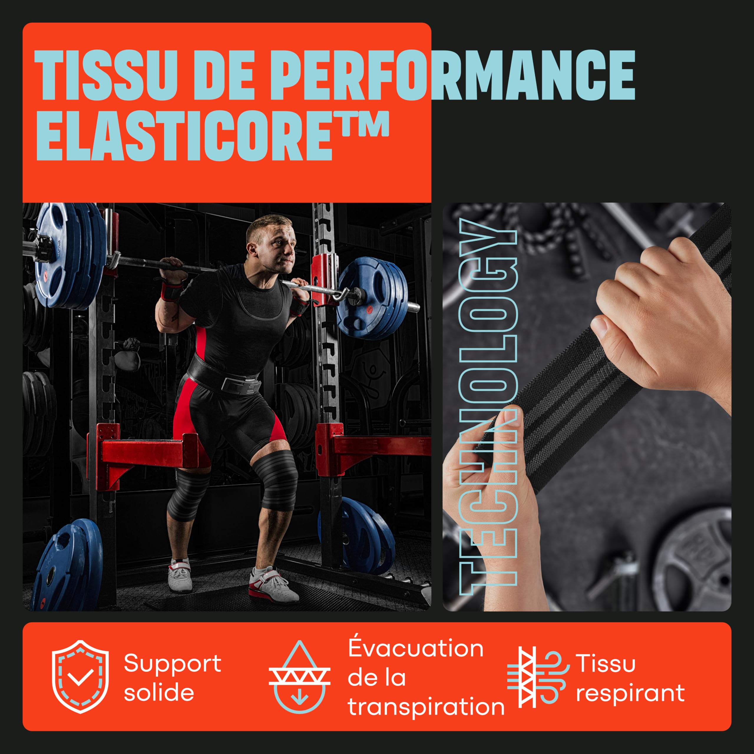 Genouillère de Compression Mava 183 cm pour Homme et Femme - Genouillère Squat pour Gym et Musculation - Attelle de Genou Support Élastique