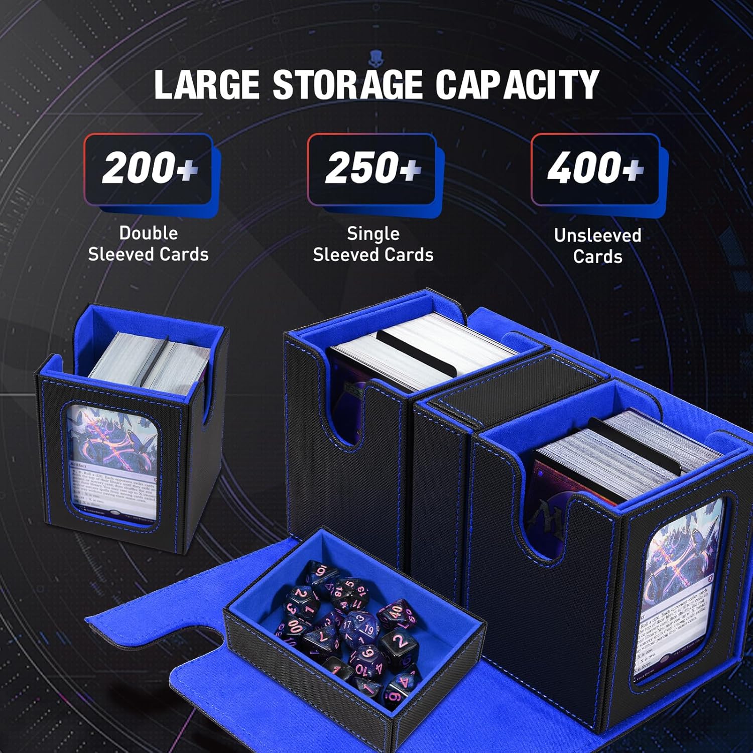 TiMOVO MTG Deck Box, Commander Deck Case Fits 200+ Double-Sleeved Cards, Magnetic Leather Card Storage Box with 2 Commander Display & 4Dividers & Dice Tray Fit YuGiOh TCG CCG Magic Cards, Black+Blue