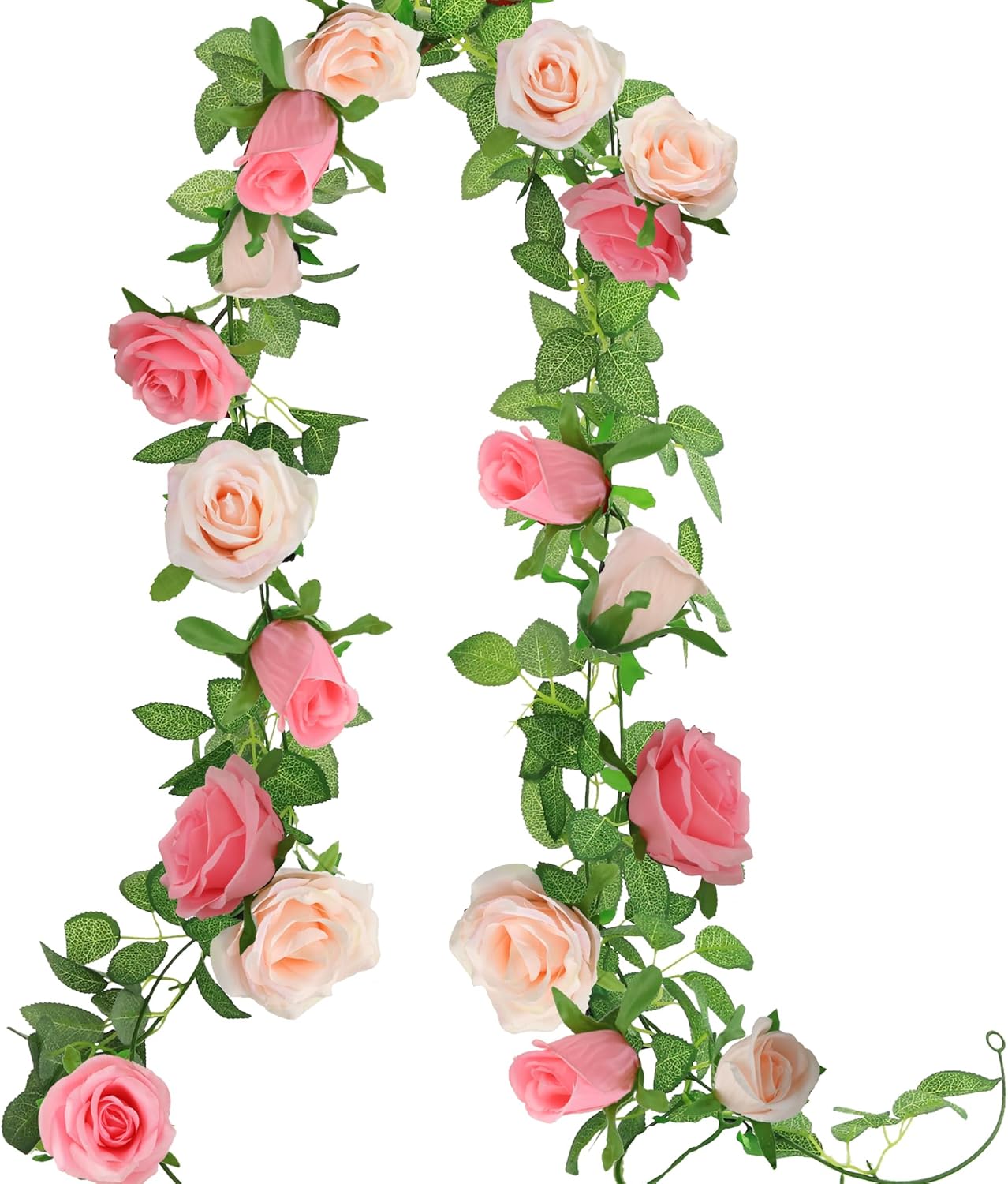 Greentime 2 Pcs 13FT Pink Artificial Rose Flower Garland Valentine's Day Decor Fake Rose Vine Gift for Her Home Wall Wedding Arch Table Centerpiece Room Stairs Fireplace Decoration (Light Dark Pink)