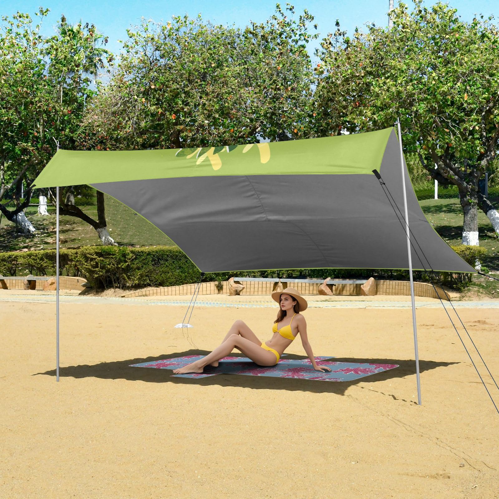 Grand pare-soleil de plage pliable vert clair UPF50+ Protection imperméable Grand pare-soleil avec sac de transport pour voyage en famille