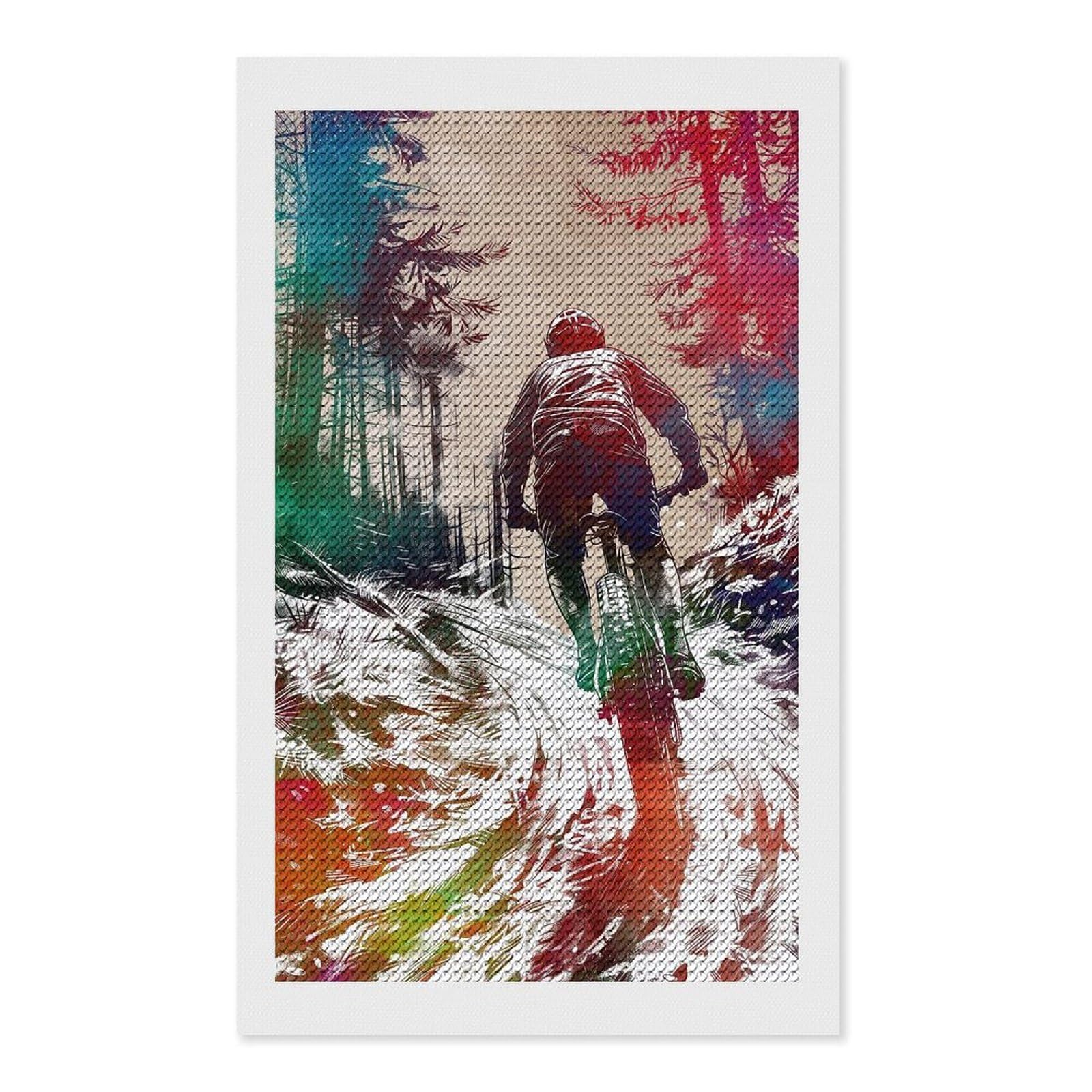 Junmoney Mountain Biking Art DIY Diamond Art Canvas Kit 12"x20", Decorate Your Room, Sparkling Round Gems, Fun Craft Experience, Farmhouse Decor